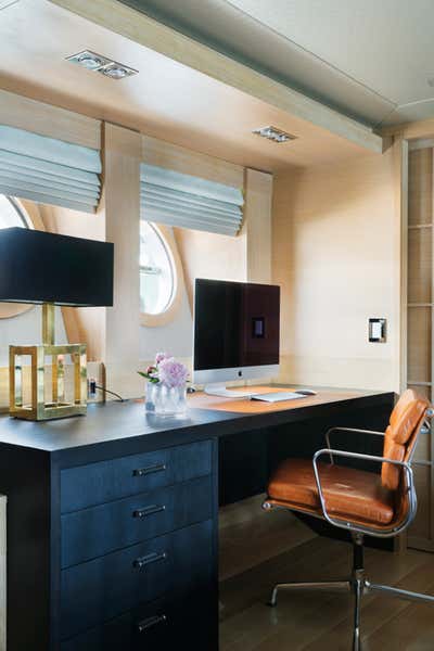 Eclectic Transportation Office and Study. 36.5m Palmer Johnson Motorboat by Peter Mikic Interiors.