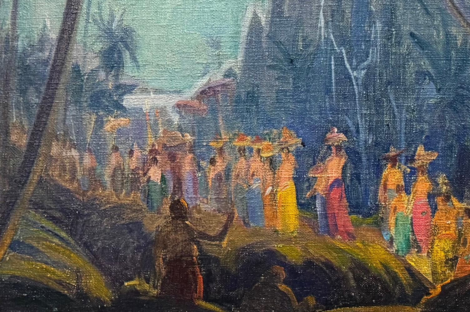 Highly atmospheric and full of mystery, this 1930 painting by muralist Carl Brandien depicts a procession of Balinese figures walking down the heart of a valley that is framed by palm trees and cliffs veined with waterfalls.  The nocturnal scene is