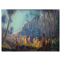 "Procession in Bali", Atmospheric Oil Painting by American Muralist, 1930