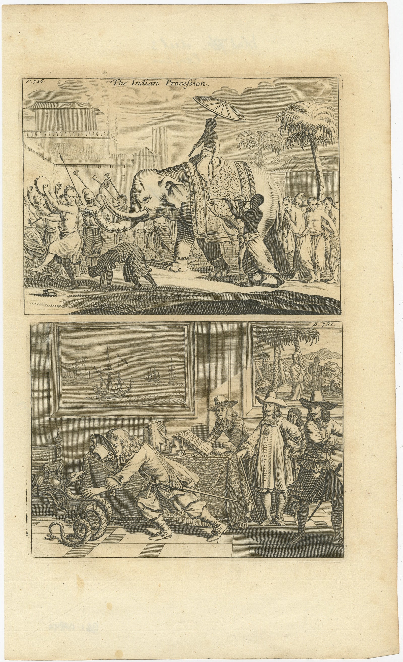 Two images on one sheet titled 'The Indian Procession'. 

The upper image shows a Procession of monks in Ceylon. A group of dancing monks, beating drums, in front of the abbot, seated on an elephant. The lower image depicts the catching of a snake.