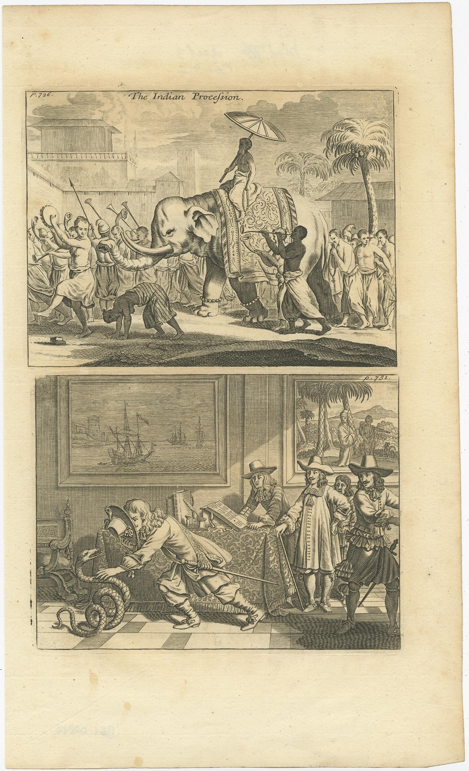 Procession of an Elephant & Dancing Monks in Ceylon & Catching a Snake, Ca.1730 In Good Condition For Sale In Langweer, NL