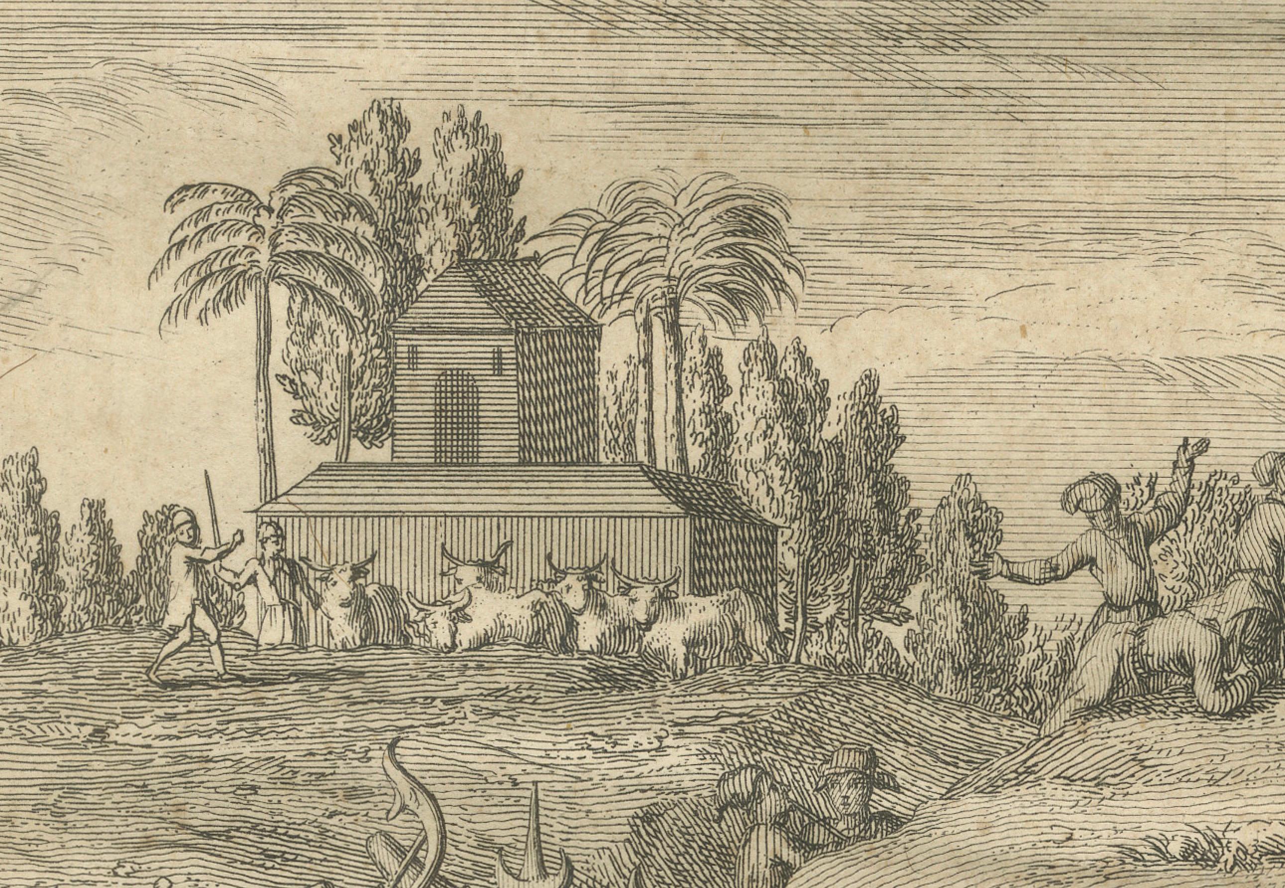 Procession du Ganga et fête de Huly - Gravure ancienne de l'Inde du XVIIIe siècle Bon état - En vente à Langweer, NL