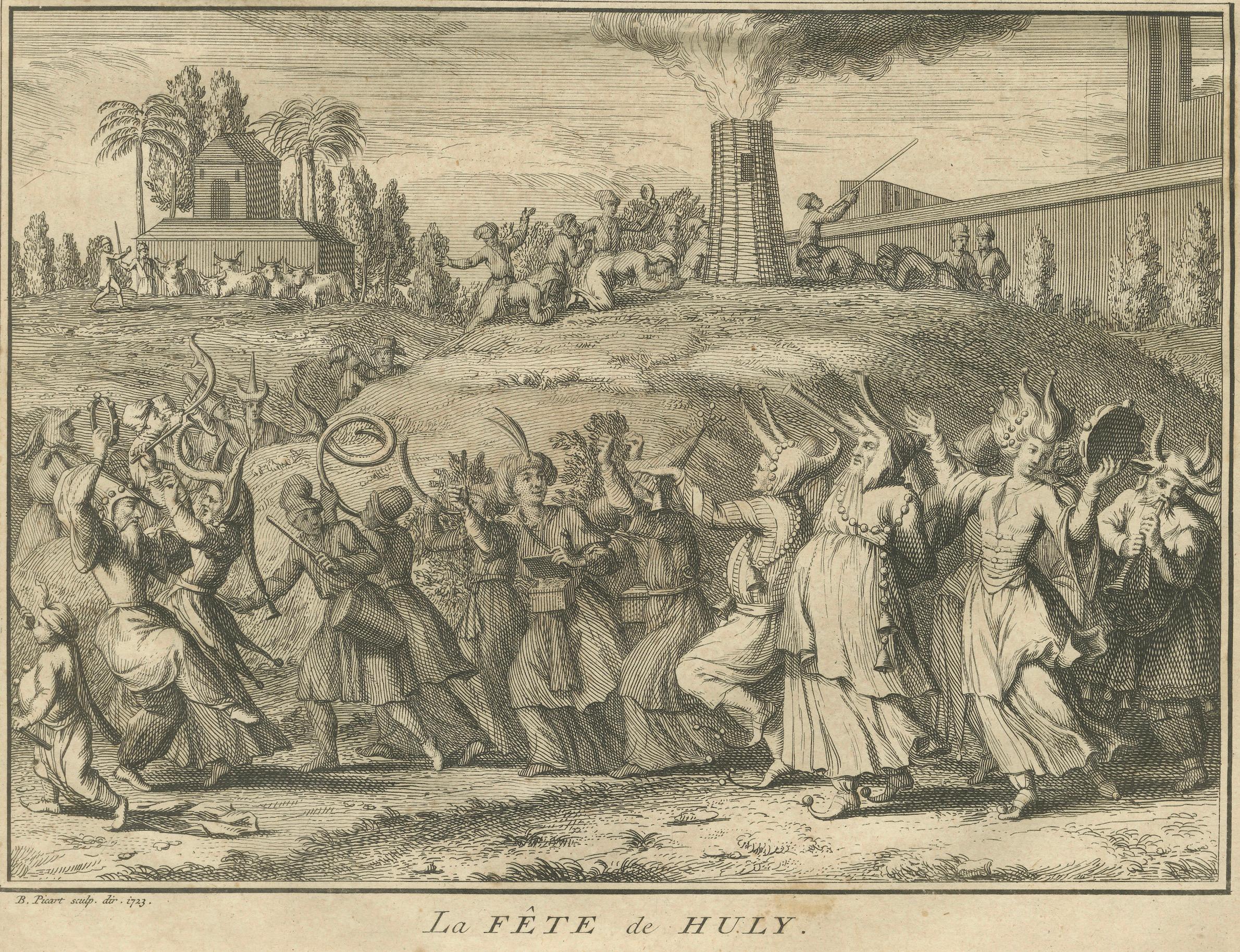 Papier Procession du Ganga et fête de Huly - Gravure ancienne de l'Inde du XVIIIe siècle en vente