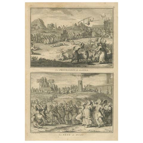 Procession of Ganga and Festival of Huly – Antique 18th Century India Engraving