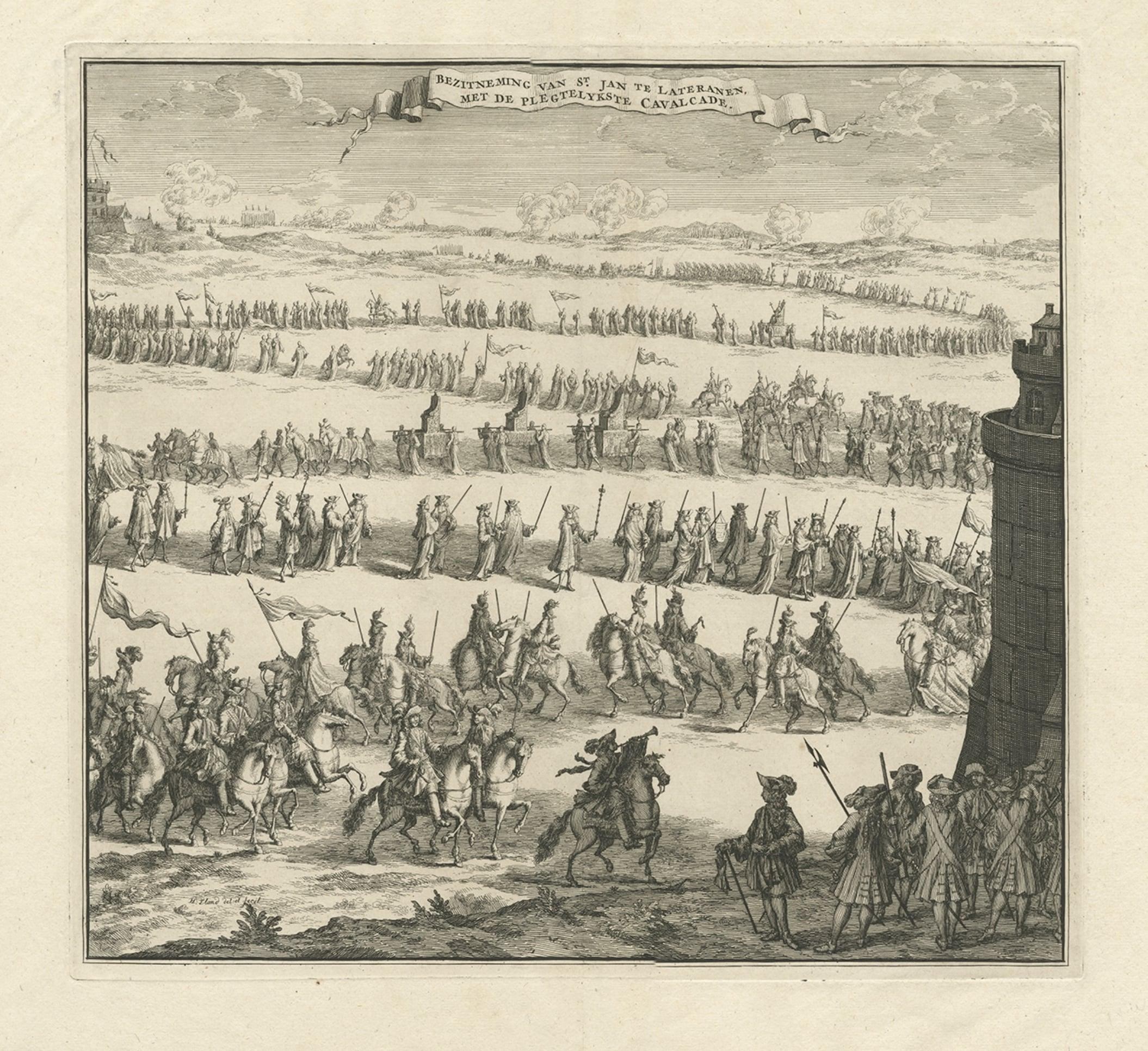 Antique print titled 'Bezitneming van St. Jan te Lateranen, met de Plegtelykste Cavalcade'. 

Procession of horsemen and cardinals during the entrance of a new pope in the Saint John Lateran, the former papal residence in Rome. Source unknown, to be
