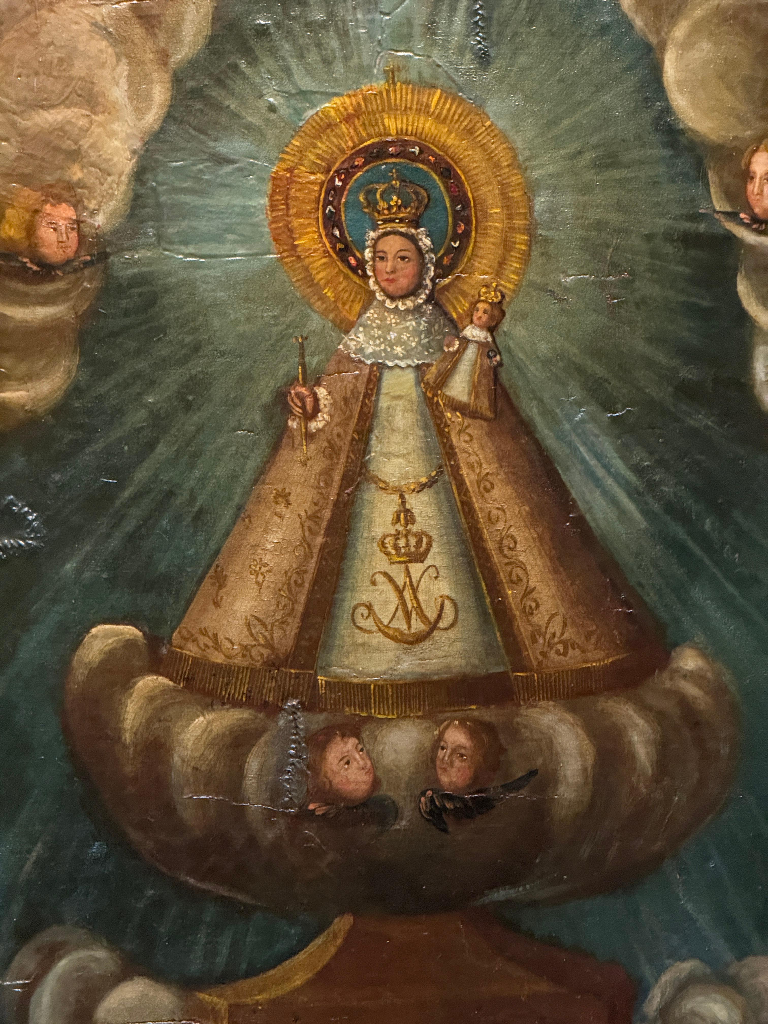 Prozessionsbanner mit einer Leinwand der Madonna von Candelaria, 16.

Sehr seltenes Prozessionsbanner mit einer in Öl gemalten Leinwand, die die Muttergottes von Candelaria darstellt, aus dem 16. Jahrhundert. Die Jungfrau erscheint in majestätischer