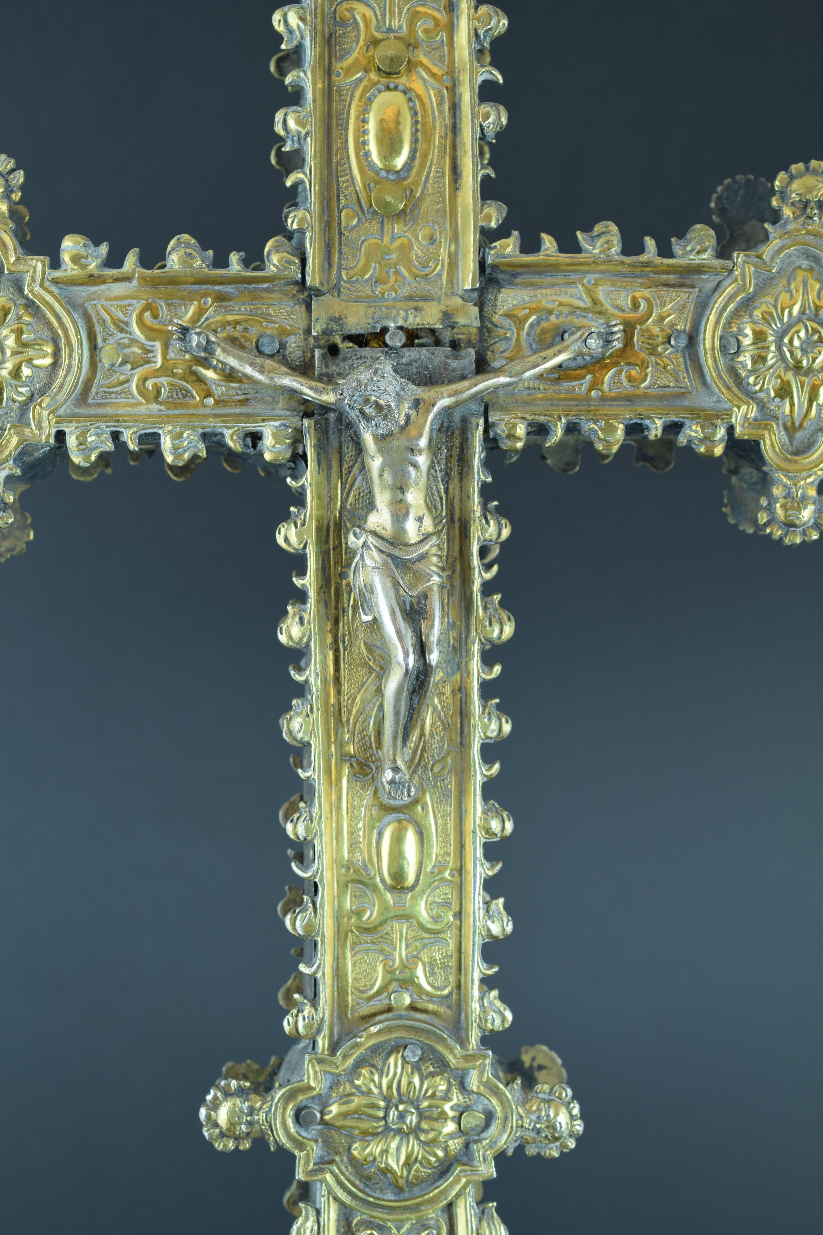 Spanish Processional Cross, Silver, Barbastro, Aragón, Spain, 16th Century For Sale