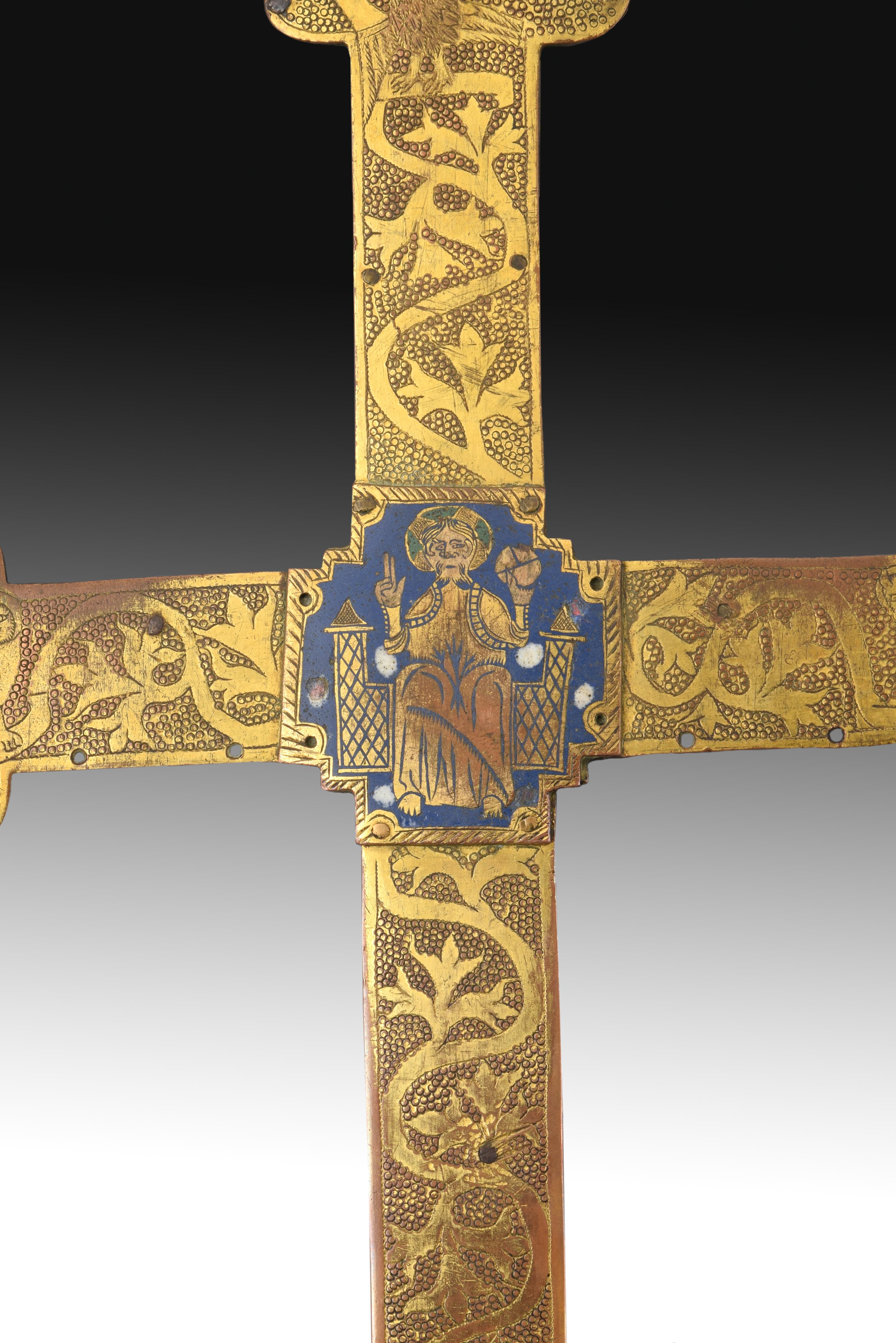 Medieval Processional Cross with Christ. Copper, Enamel. Limoges, France
