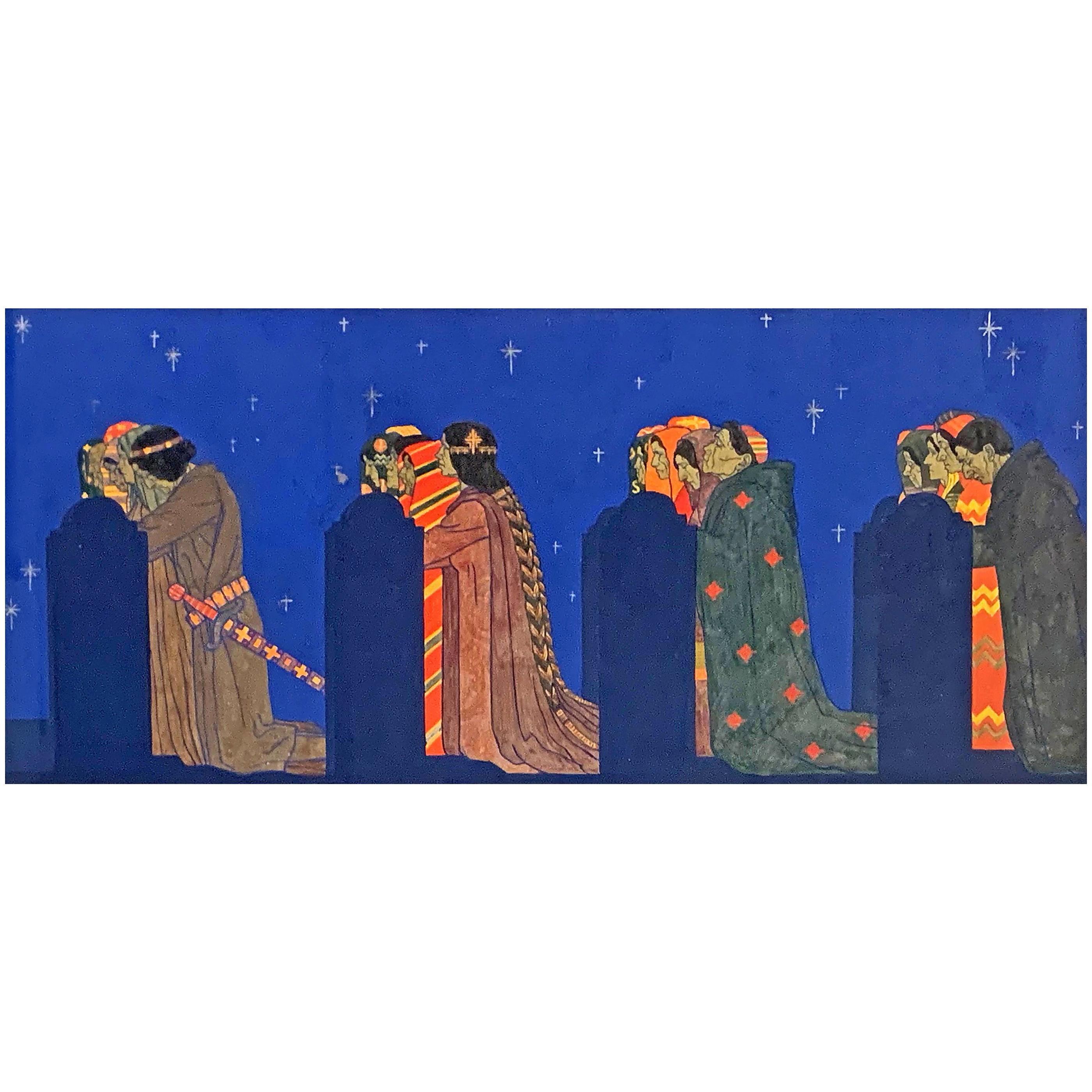 "Processional, " Jewel-Toned Mural Study w/ Prayer Under Starlit Sky by Hoeckner For Sale