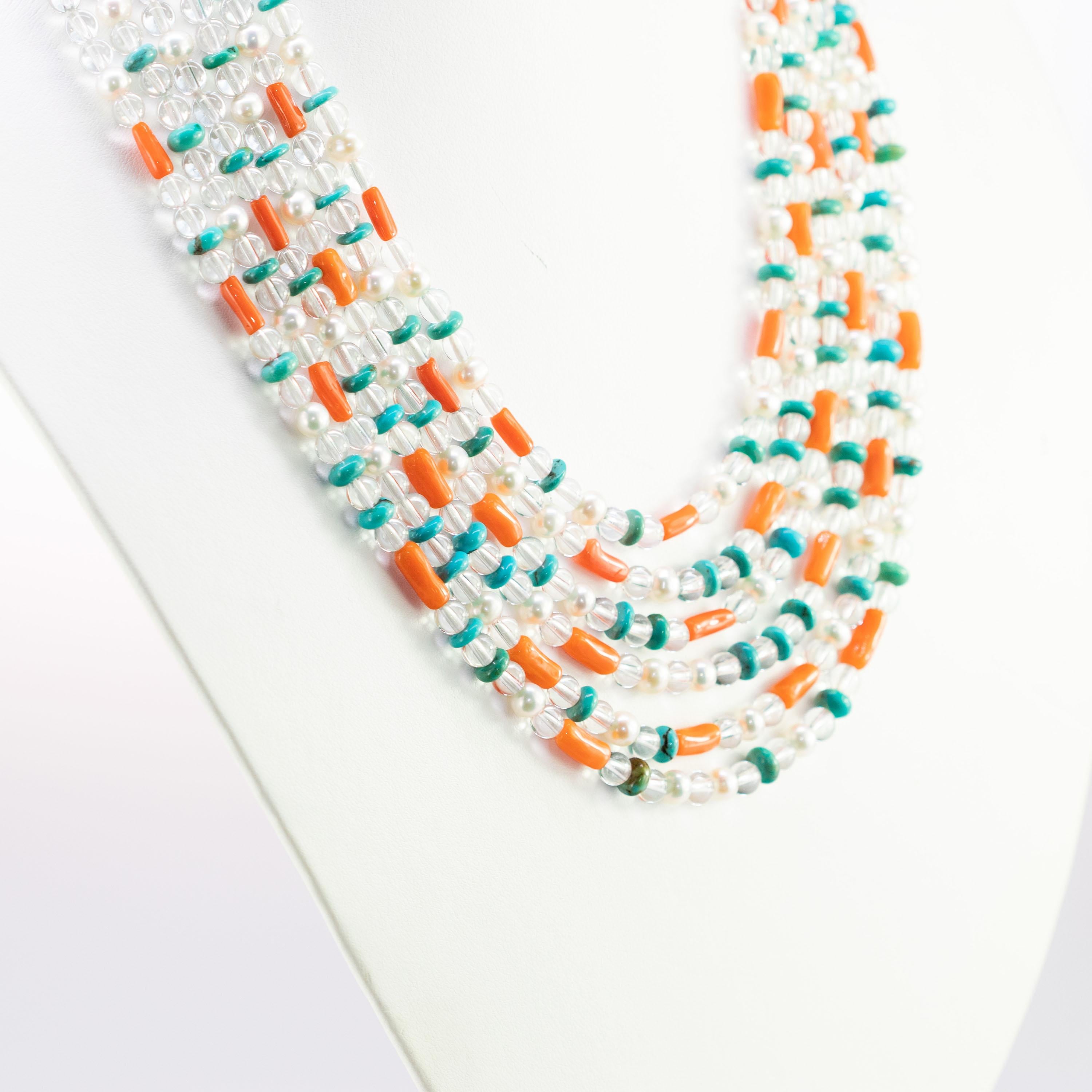Perlina Cristallo di rocca, turchese, corallo, perla, collana di perline fatta a mano a più fili in vendita