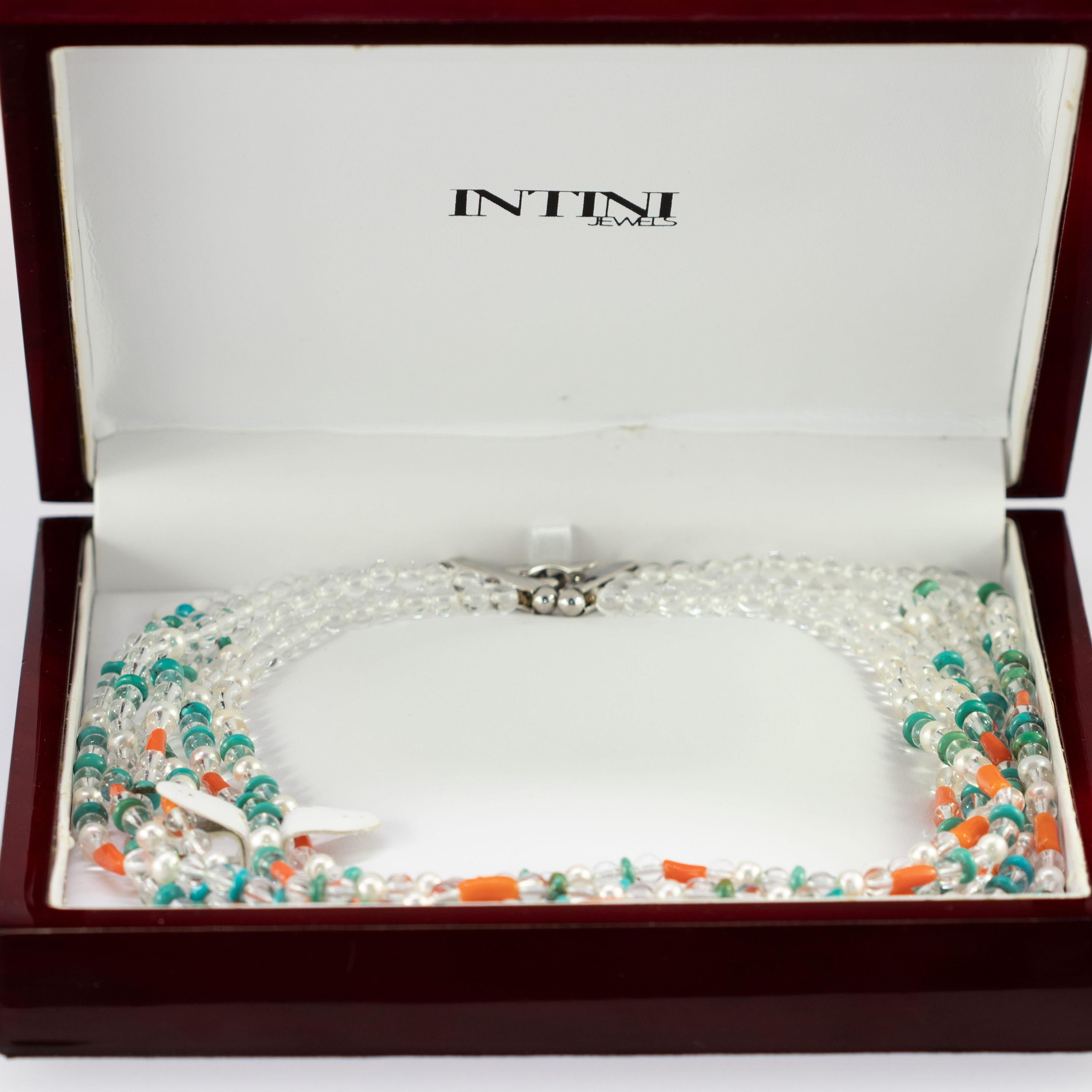 Donna Cristallo di rocca, turchese, corallo, perla, collana di perline fatta a mano a più fili in vendita