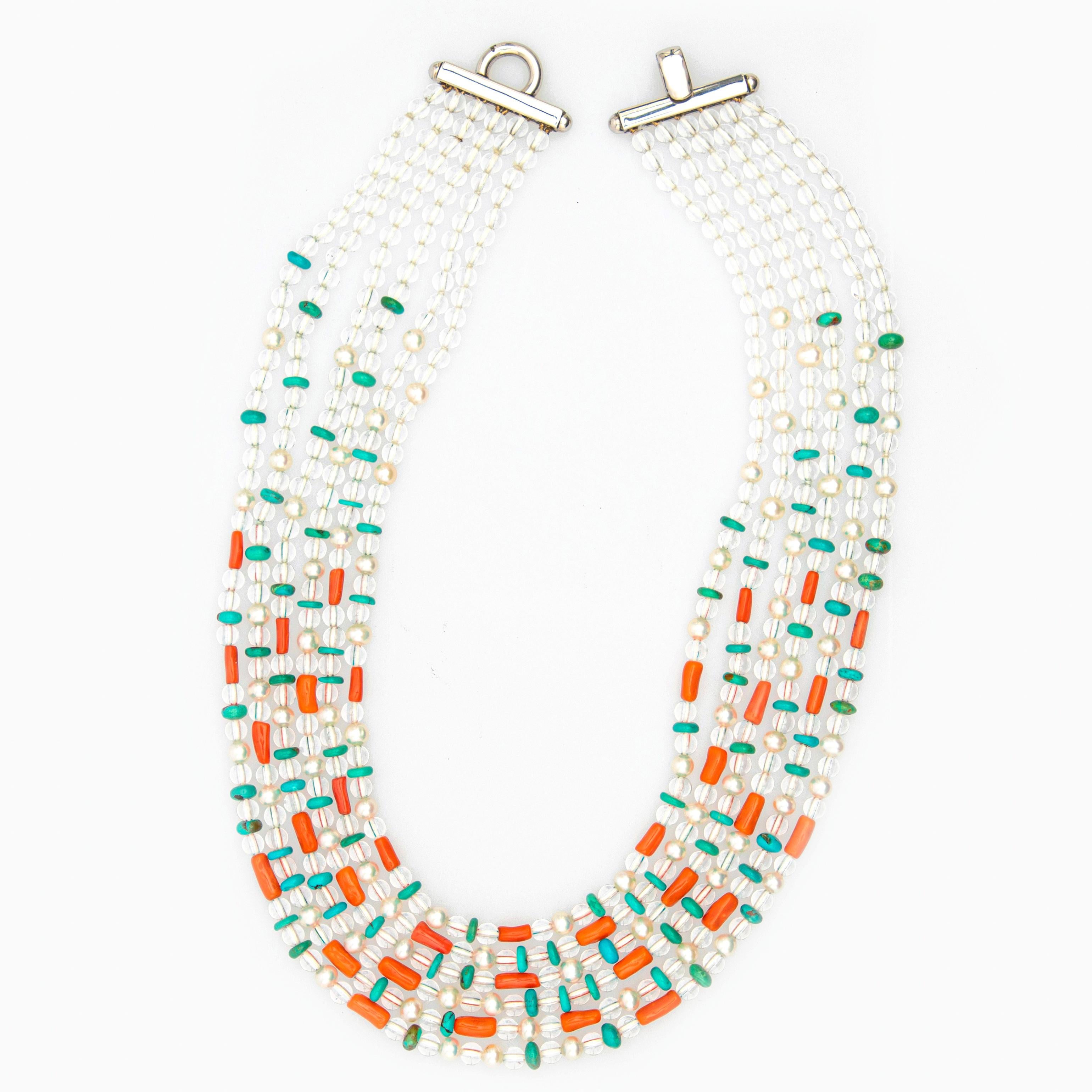 Cristallo di rocca, turchese, corallo, perla, collana di perline fatta a mano a più fili in vendita 2