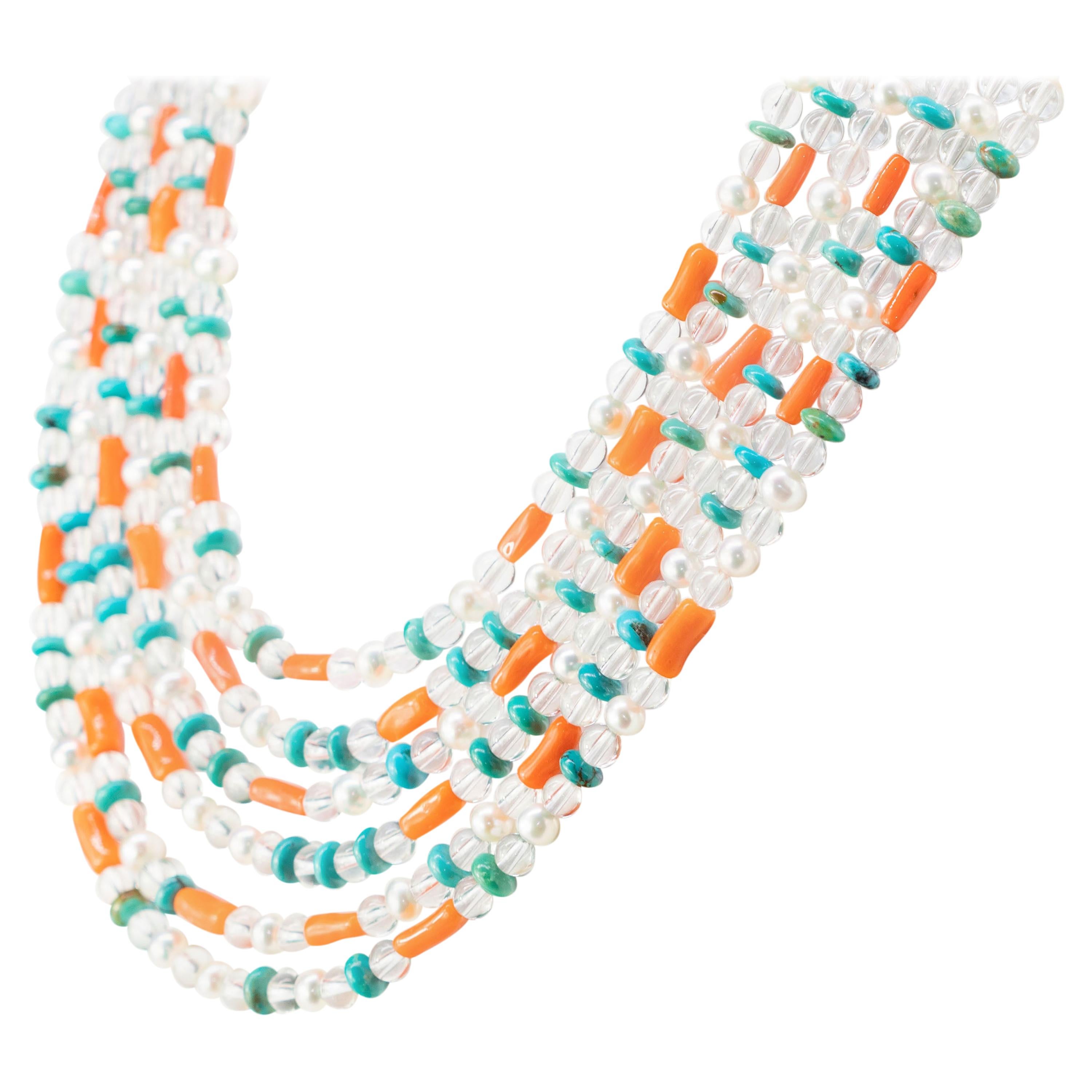 Cristallo di rocca, turchese, corallo, perla, collana di perline fatta a mano a più fili in vendita