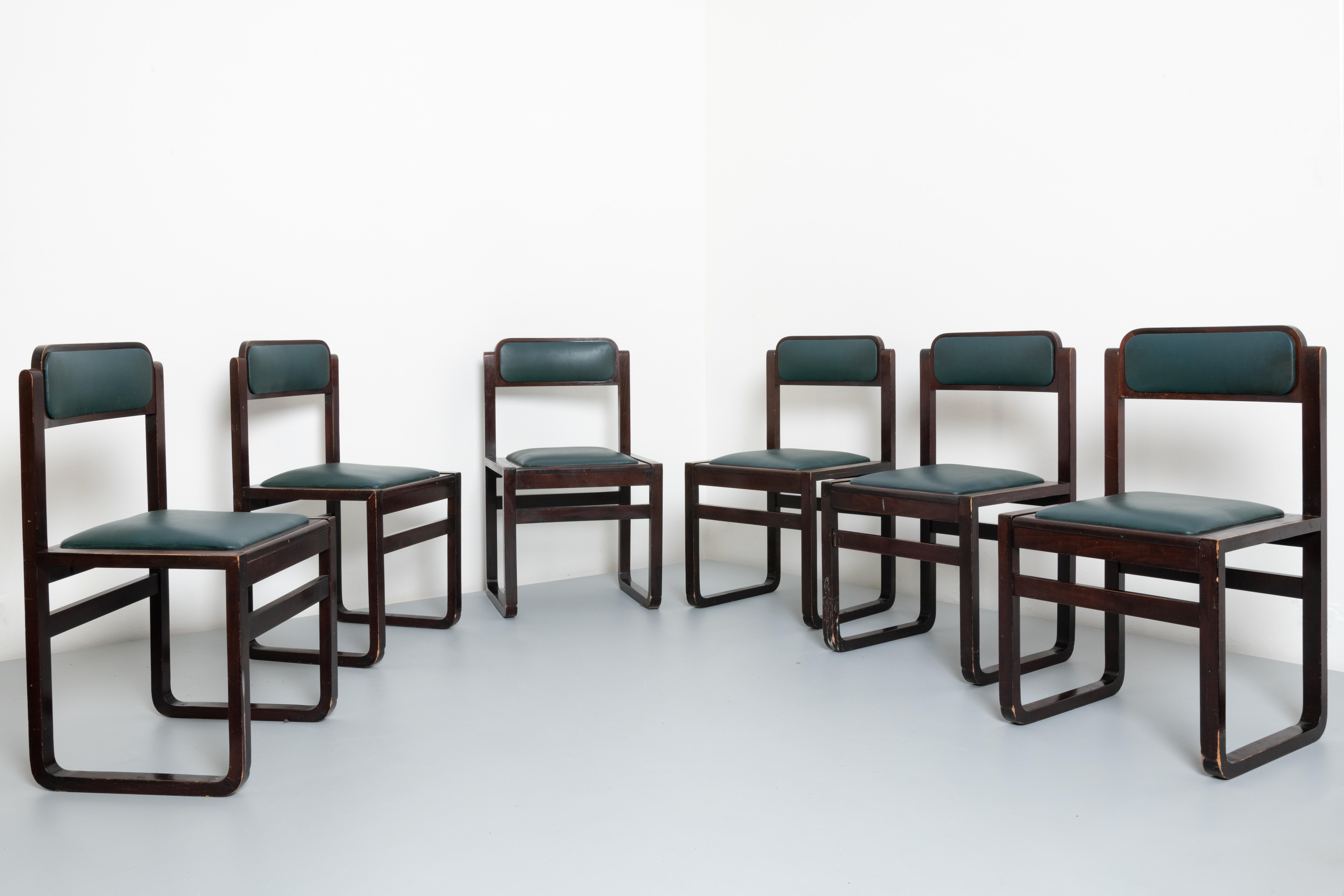 Faux Leather Prod. Italy, C. 1960-1970 Six Chairs in Walnut Wood and Leather Seats For Sale