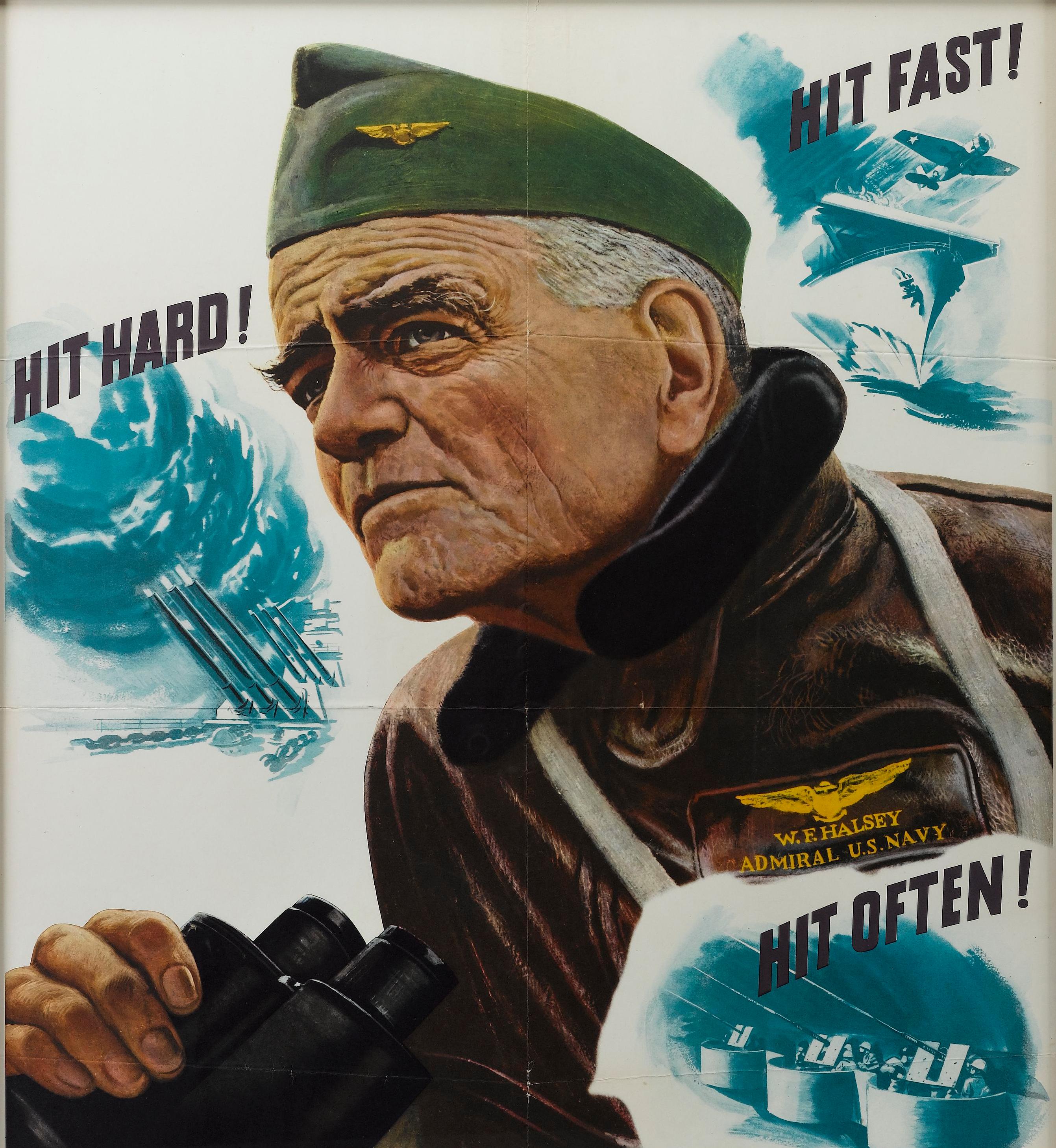 Presented is an original WWII Navy propaganda poster, illustrated by John Falter. The poster illustrates Admiral William Halsey at center, as he drops his binoculars to look into the distance. Halsey is surrounded by three blue-toned vignettes of