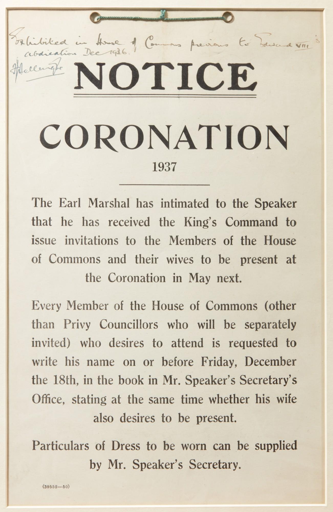 Official House of Commons printed notice of the coronation of Edward VIII, the Duke of Windsor
In 1934, Prince Edward was next in line to the throne. He had no patience for the arcane rules of court life and embarked on a romantic relationship with