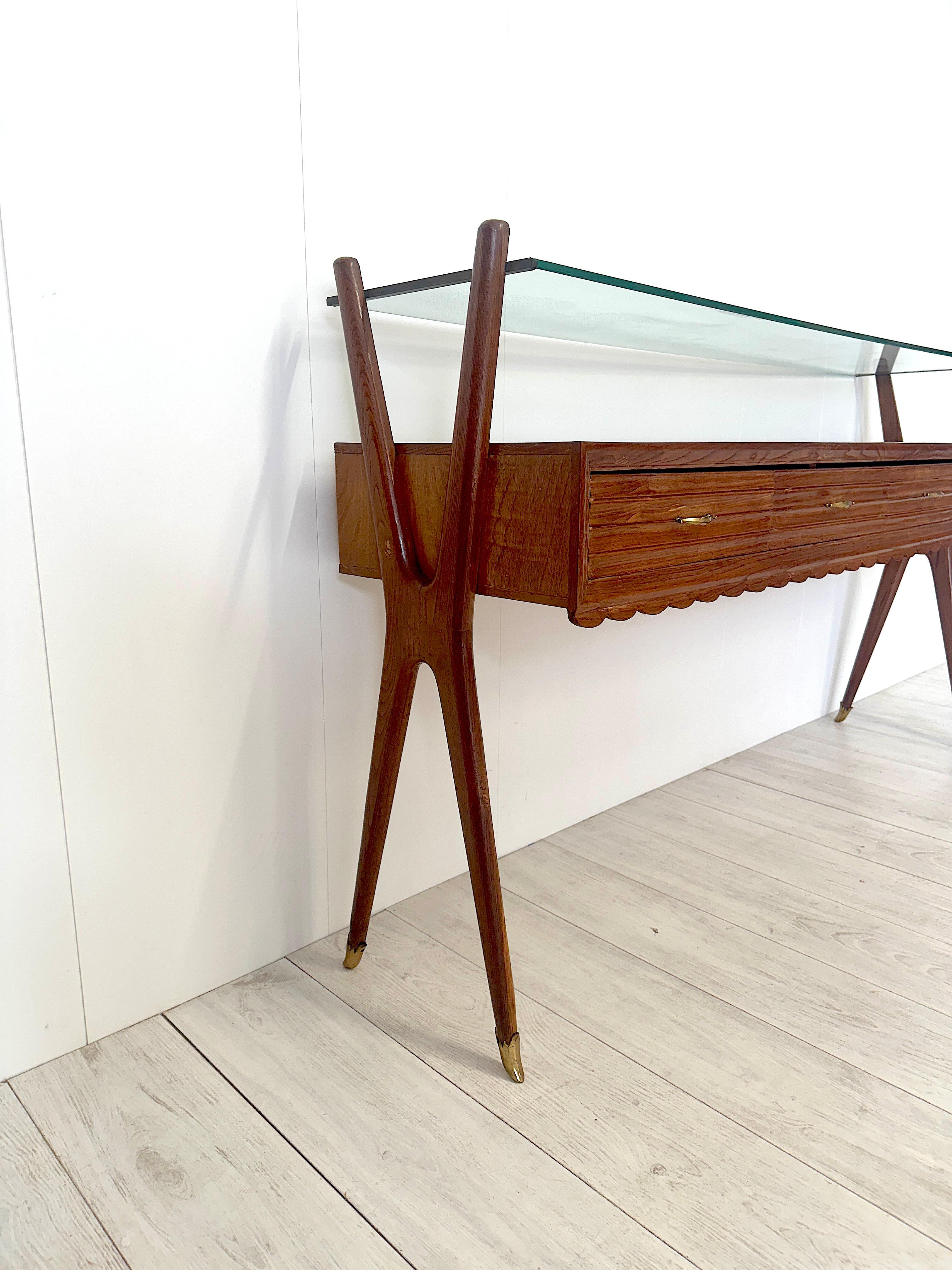 Brass Italian production, Wooden console table, 1950s For Sale