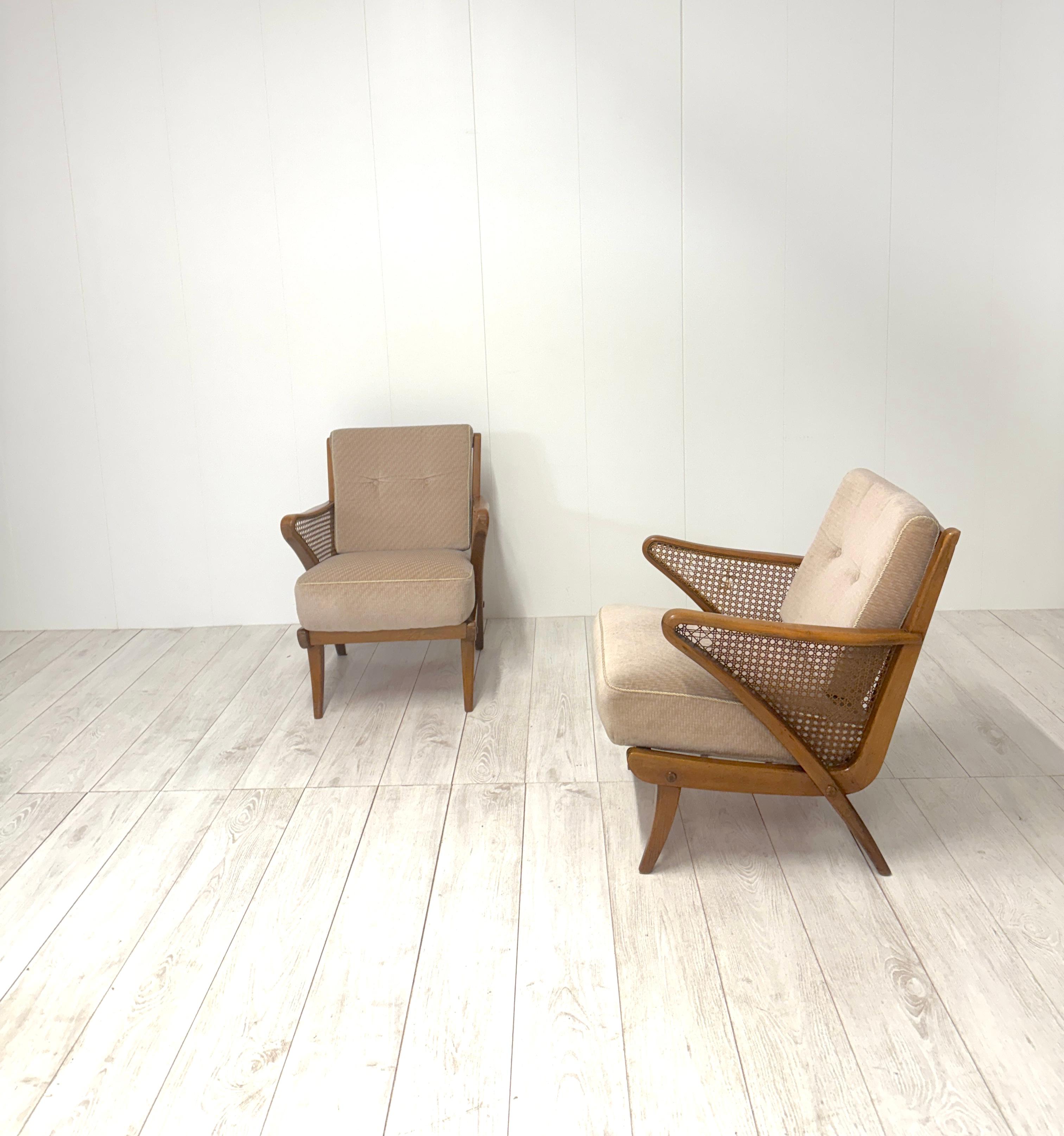 Mid-20th Century Produzione Italiana, Coppia di poltrone in legno e paglia di Vienna, anni '60 in vendita