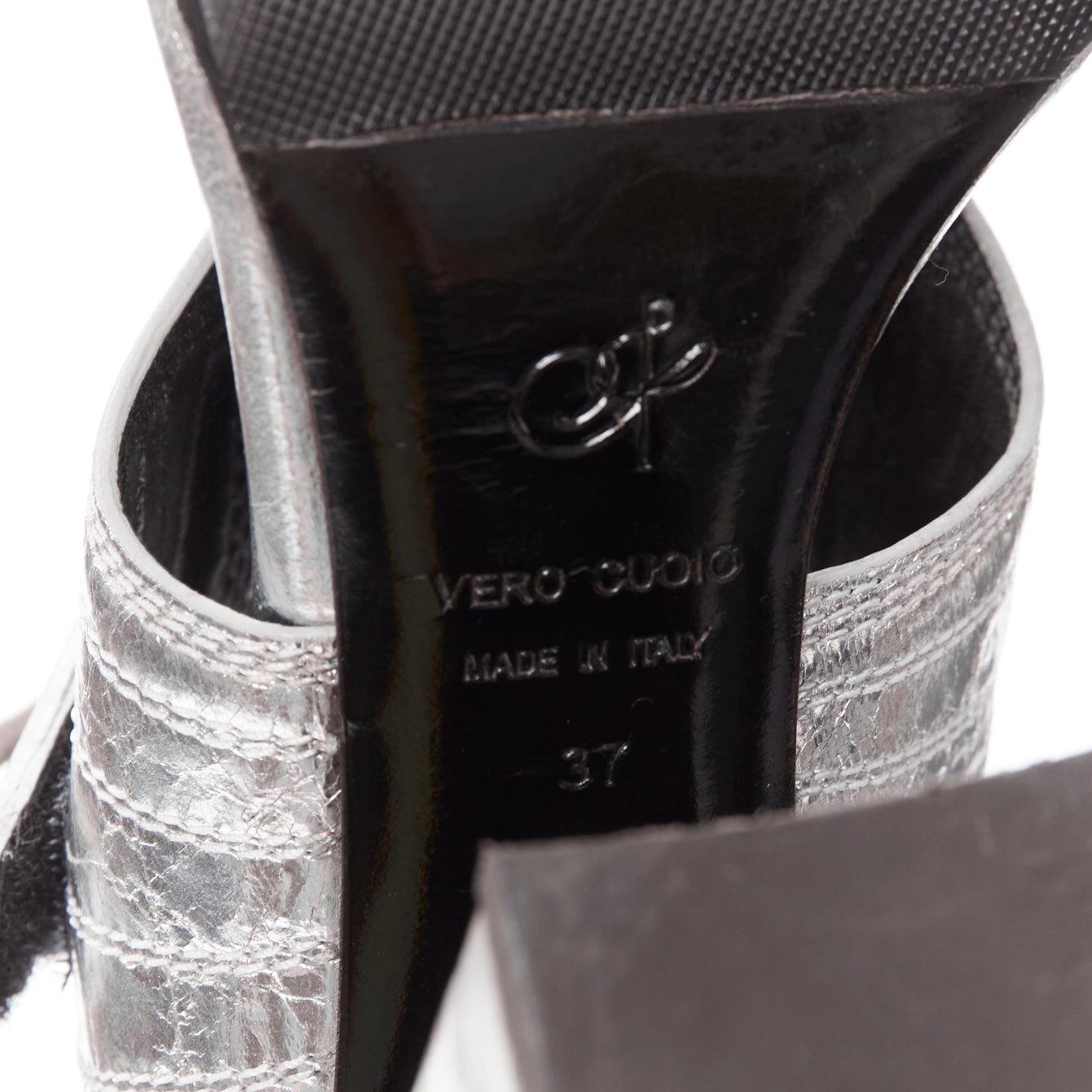 PROENZA SCHOULDER crinkled metallic silver leather laced block heel sandal EU37 For Sale 6