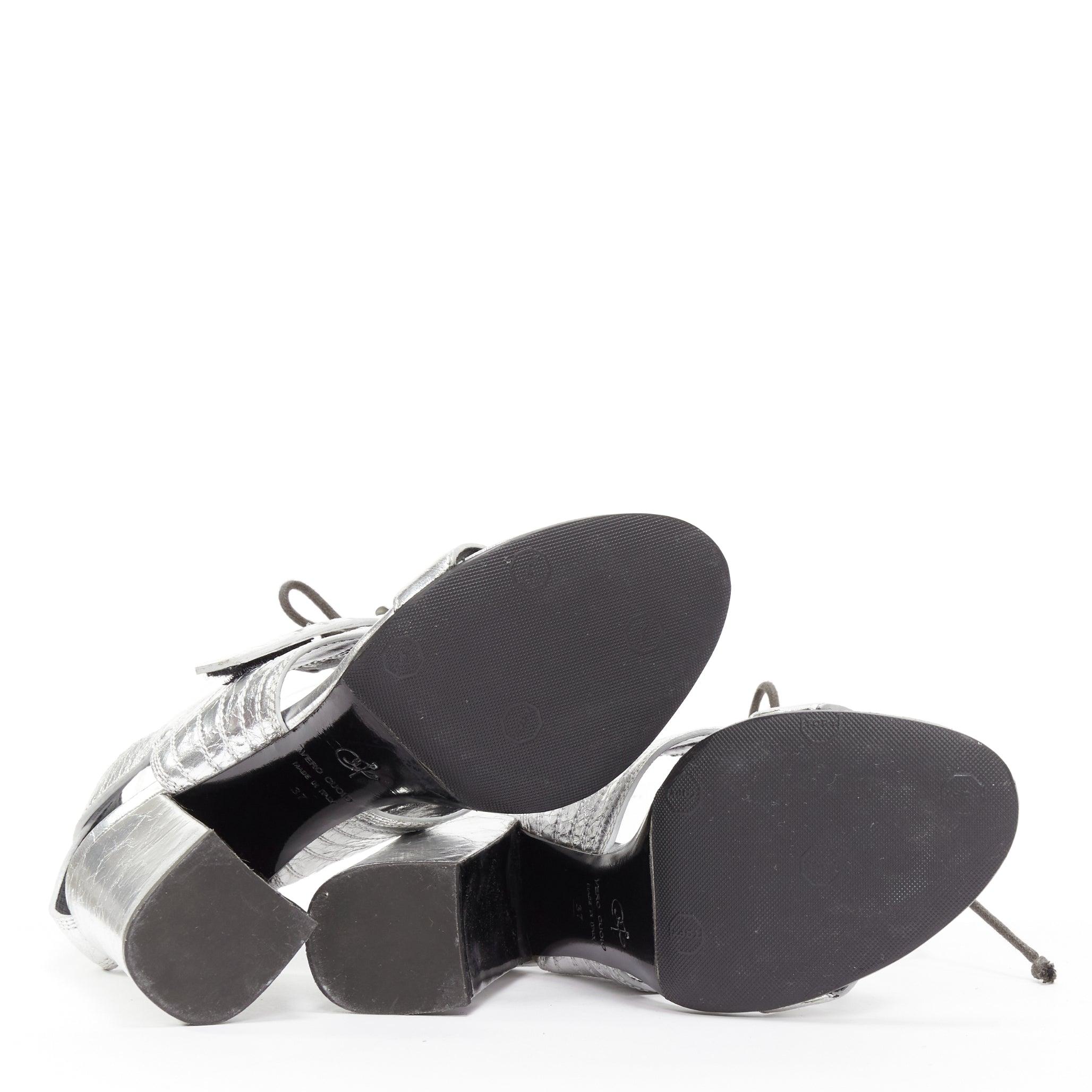 PROENZA SCHOULDER crinkled metallic silver leather laced block heel sandal EU37 For Sale 7