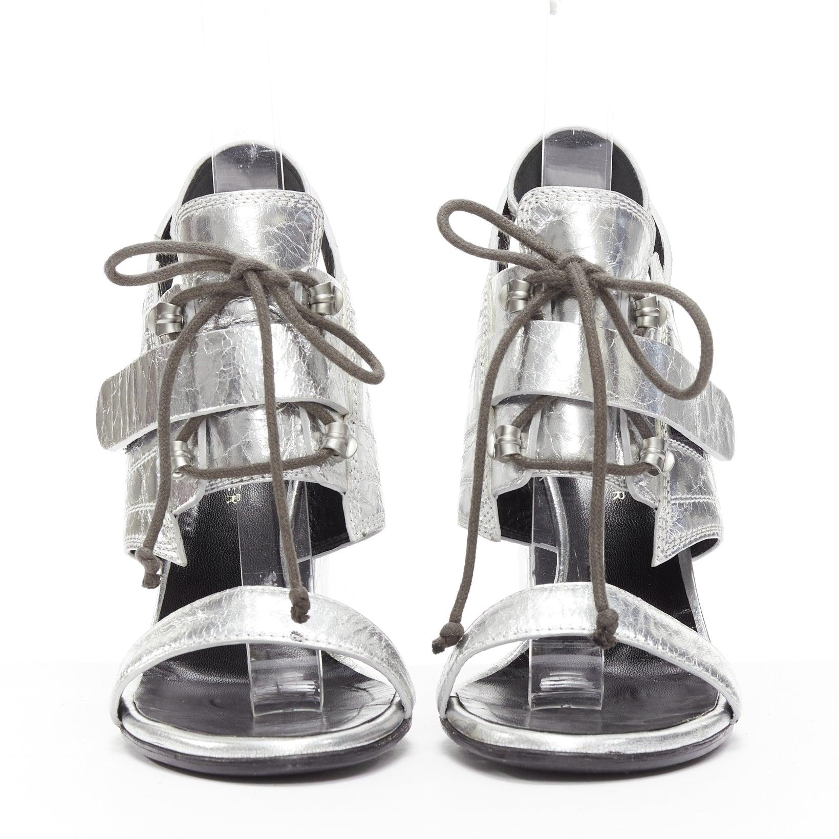 PROENZA SCHOULDER crinkled metallic silver leather laced block heel sandal EU37 In Good Condition For Sale In Hong Kong, NT