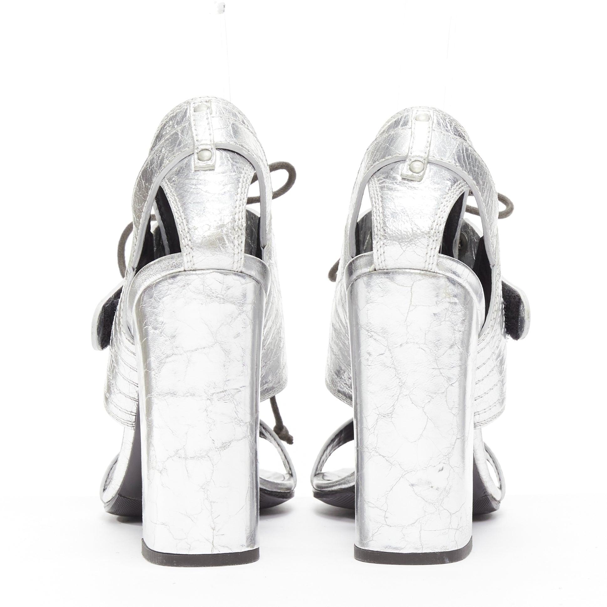 PROENZA SCHOULDER crinkled metallic silver leather laced block heel sandal EU37 For Sale 1