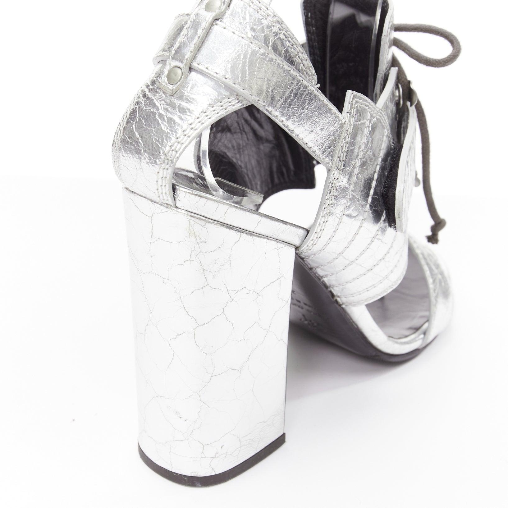 PROENZA SCHOULDER crinkled metallic silver leather laced block heel sandal EU37 For Sale 4