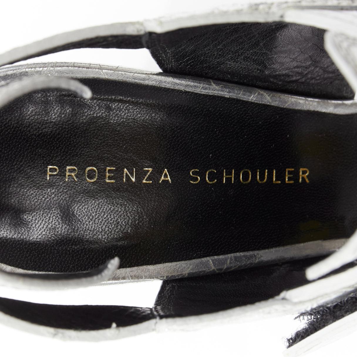 PROENZA SCHOULDER crinkled metallic silver leather laced block heel sandal EU37 For Sale 5