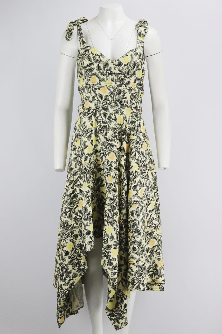 Proenza Schouler asymmetric floral print crepe midi dress. Yellow, black and orange. Sleeveless, v-neck. Zip fastening at back. 100% Viscose; lining: 100% silk. Size: US 8 (UK 12, FR 40, IT 44). Bust: 34 in. Waist: 30.5 in. Hips: 65 in. Length: 51