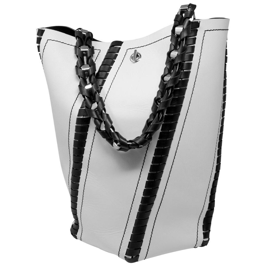 For the Parisian chic understated aesthetic, this Proenza Schouler Bucket Bag has got you covered. Crafted in black and white leather with silver-tone hardware, a trendy chain-link shoulder strap that you can hold in your hand or sling on your