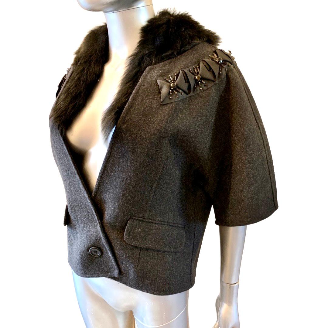 Black Proenza Schouler Chic Cropped Grey Flannel Jacket w/ Fur &Embellishments Size 6 For Sale