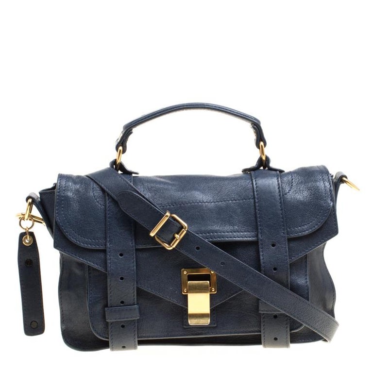 Proenza Schouler Dark Blue Leather Small PS1 Top Handle Bag For Sale at ...