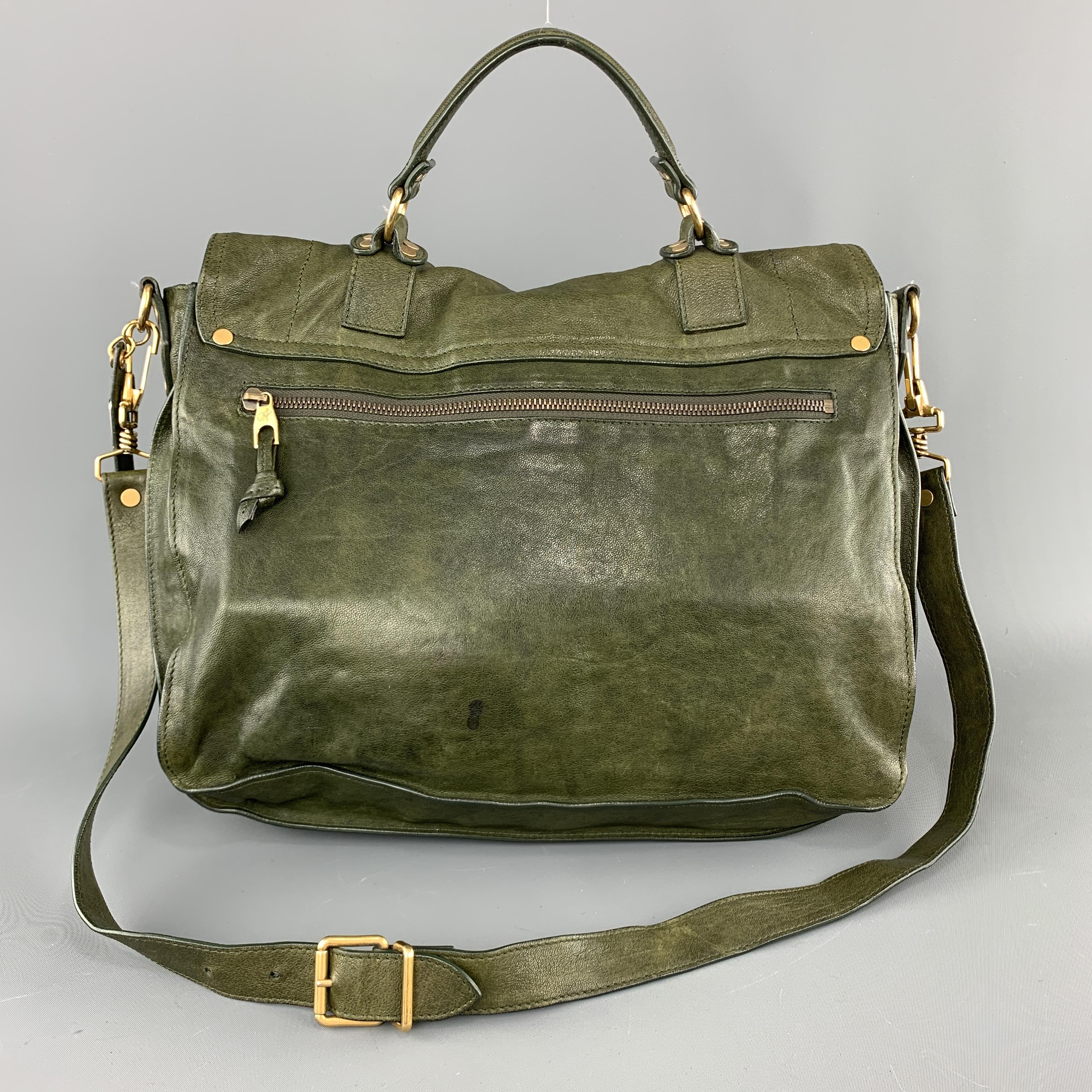 Gray PROENZA SCHOULER Distressed Olive Green Leather Large PS1 Satchel Bag