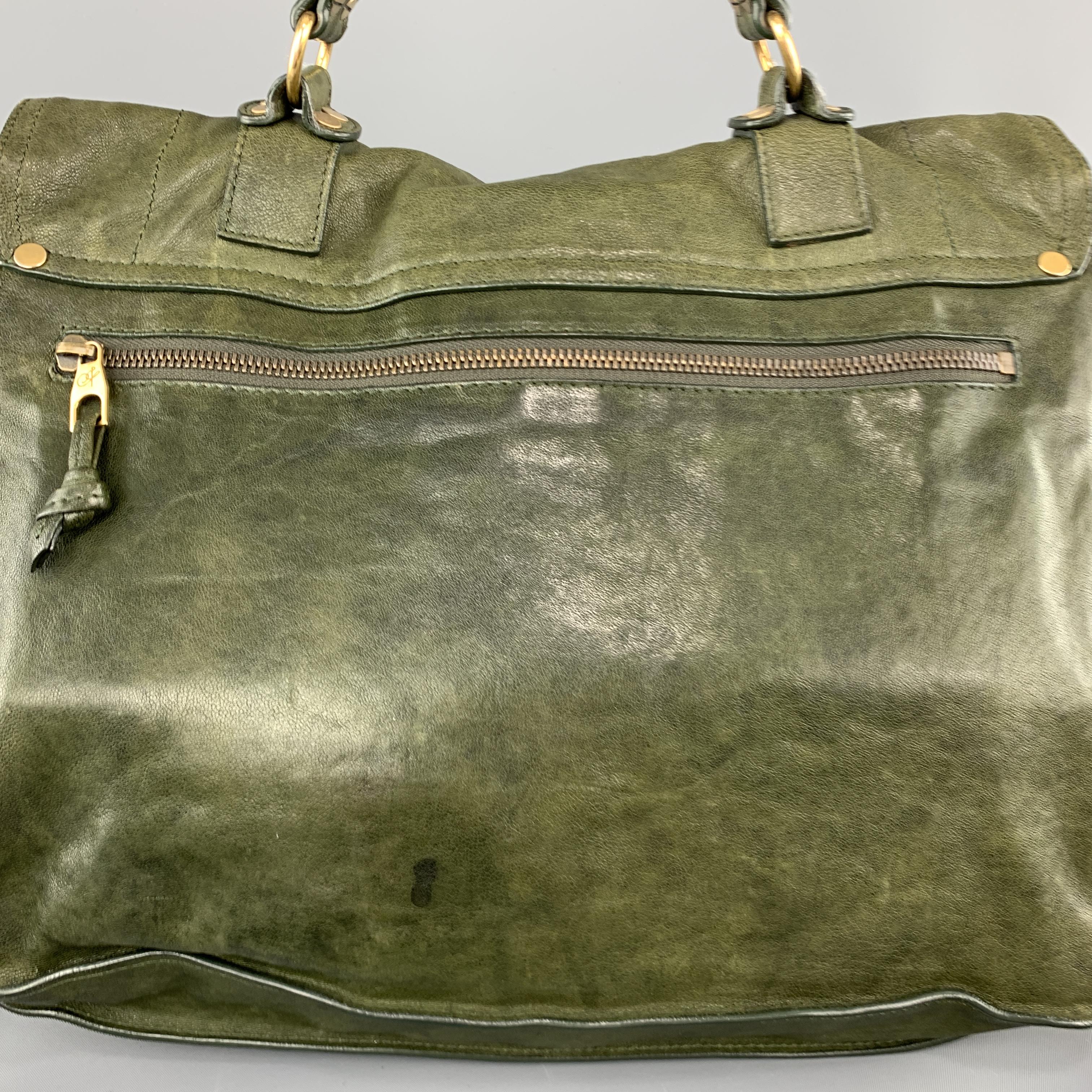 PROENZA SCHOULER Distressed Olive Green Leather Large PS1 Satchel Bag In Good Condition In San Francisco, CA