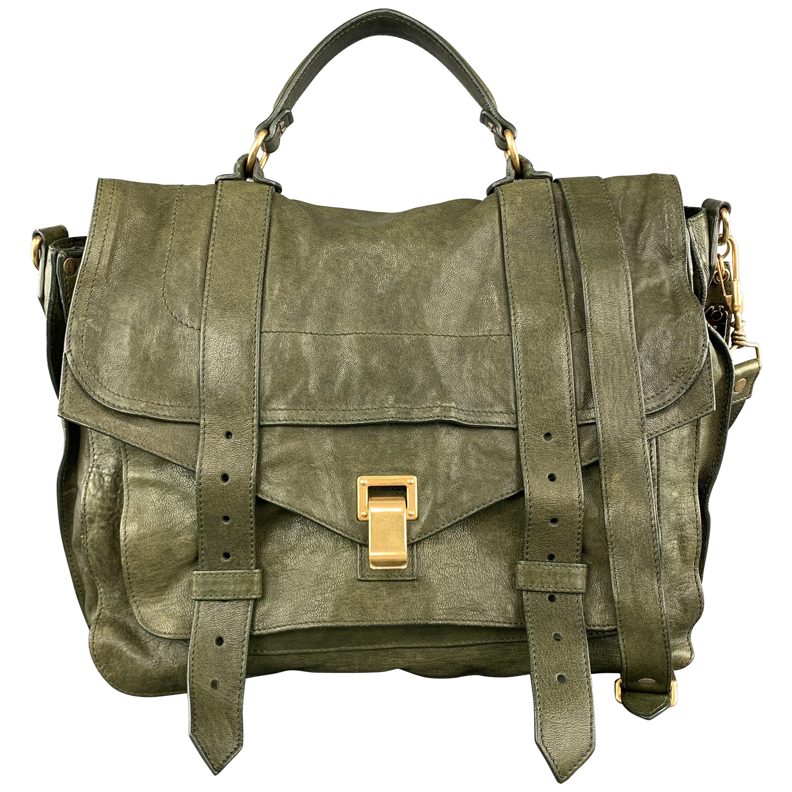 PROENZA SCHOULER Distressed Olive Green Leather Large PS1 Satchel Bag