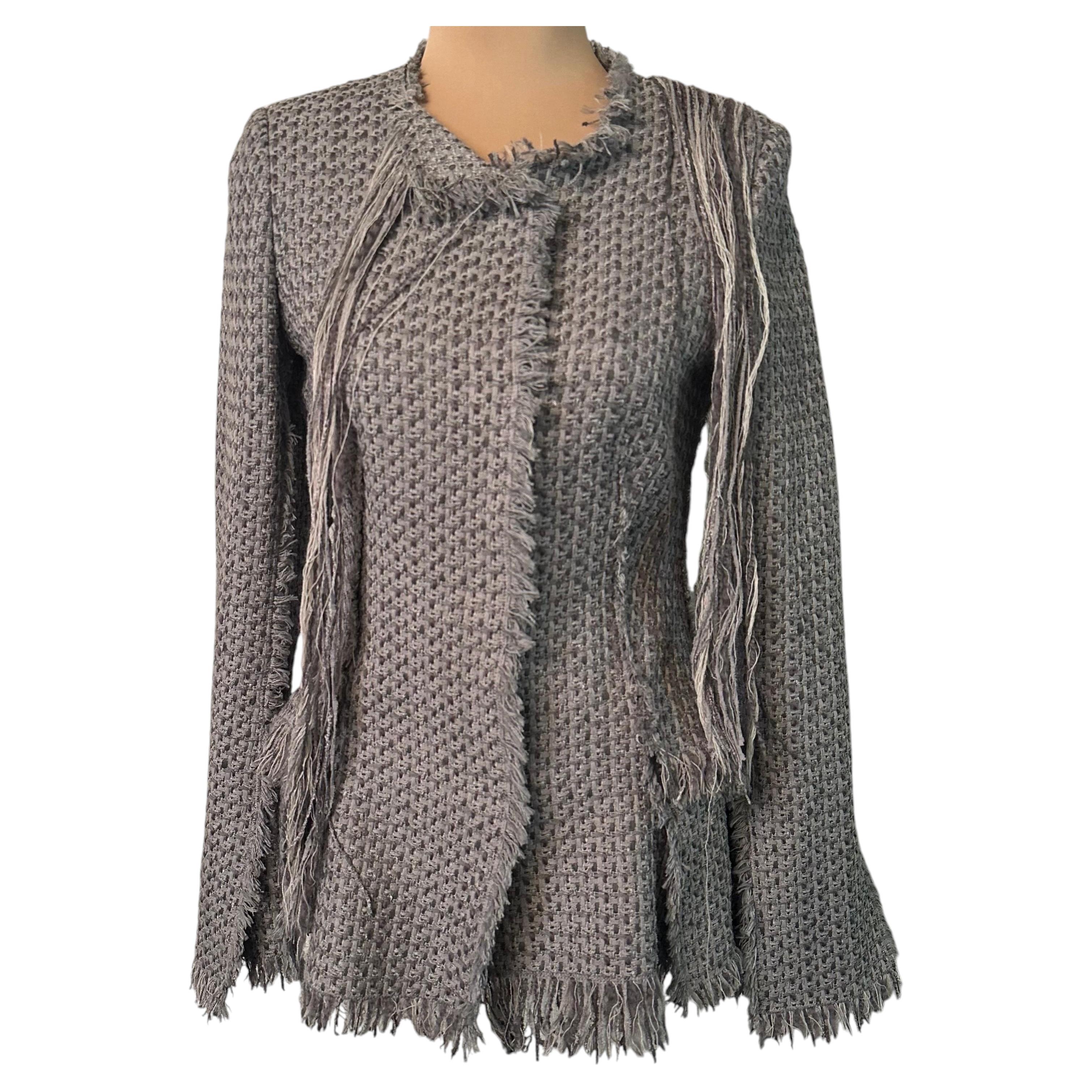 Proenza Schouler FW15 Silberne Tweed-Fransenjacke, US-Größe 0, Statement-Blazer, Original im Angebot