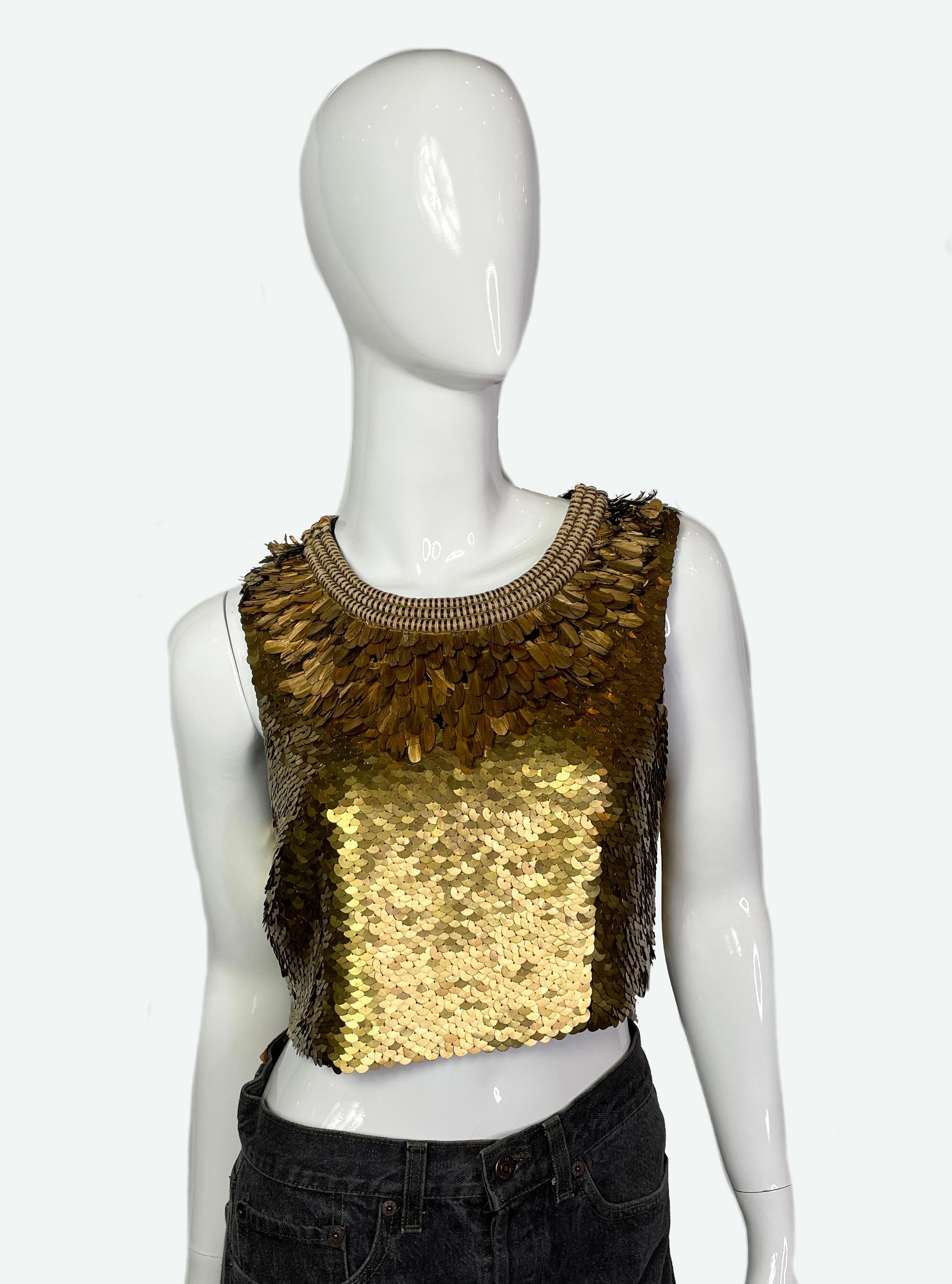 Proenza Schouler cropped  silk top hand-embroidered with gold metal sequins and feathers.

Fastened with 3 buttons on the shoulder. Fully silk lined.

Year: 2014

Size - 8/S

Measurements: 
Length - 38cm 
Width - 36cm 

Condition: perfect, no signs