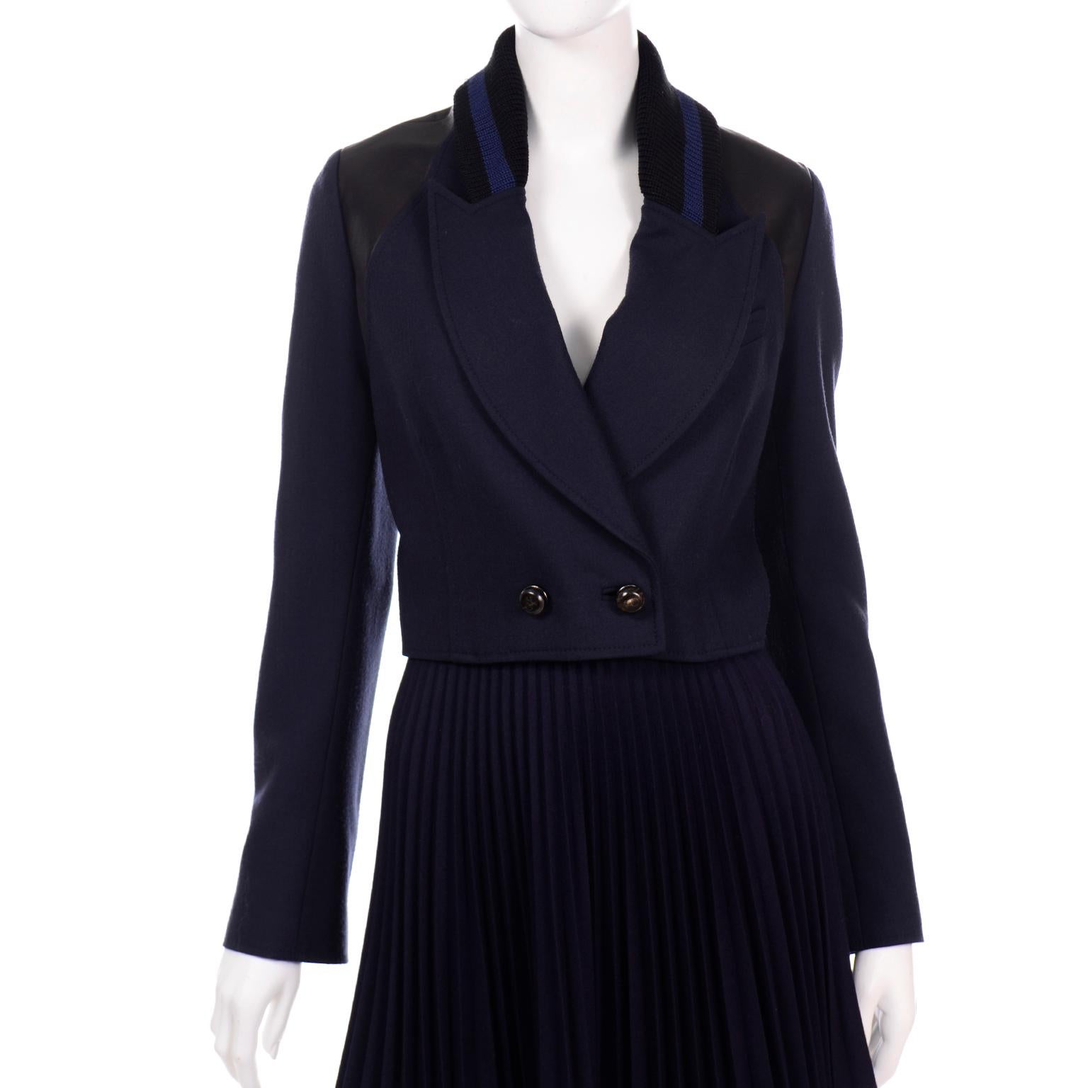 Black Proenza Schouler Midnight Blue Knit Cropped Ribbed Jacket and Pleated Skirt Suit