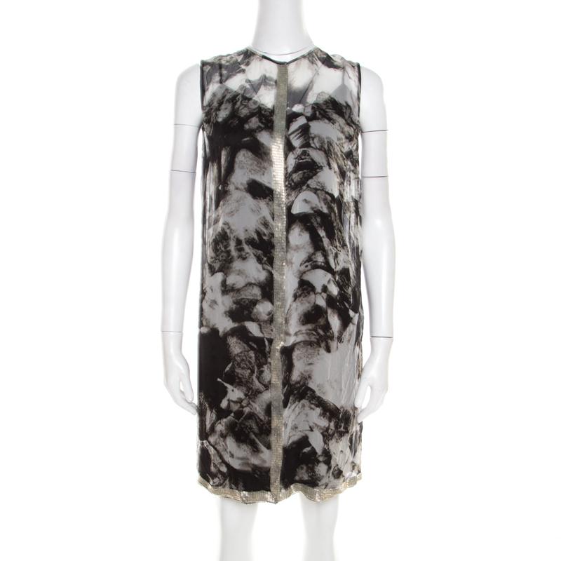 Gray Proenza Schouler Monochrome Abstract Print Sheer Silk Embellished Waterfall Jack