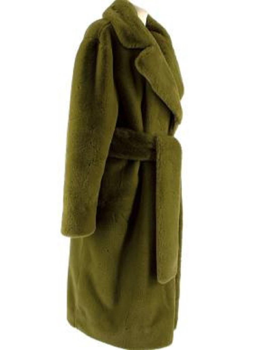 Proenza Schouler Olive Green Faux Fur Belted Coat In Excellent Condition For Sale In London, GB