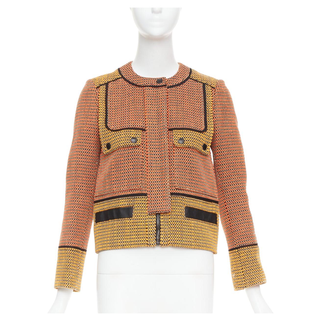 PROENZA SCHOULER orange basket weave tweed black leather trim jacket US2 S