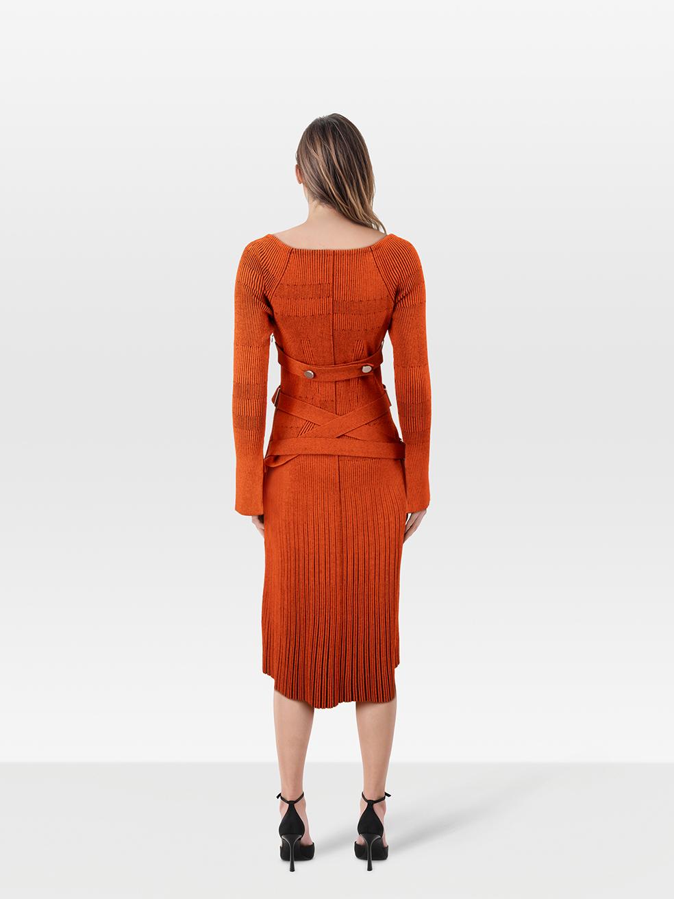 CONDITION is Never worn. No visible wear to the dress is evident on this new Proenza Schouler designer resale item.
 
 
 
 Details
 
 
 Orange
 
 Viscose
 
 Dress
 
 Midi
 
 Long sleeves
 
 Ribbed knit
 
 Stretchy
 
 V-neck
 
 Back strappy detail
 
