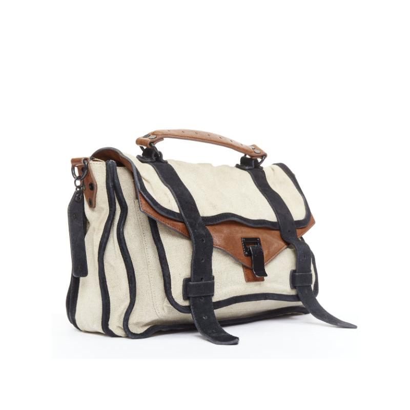 Beige PROENZA SCHOULER PS1 beige canvas brown black leather top handle satchel bag en vente