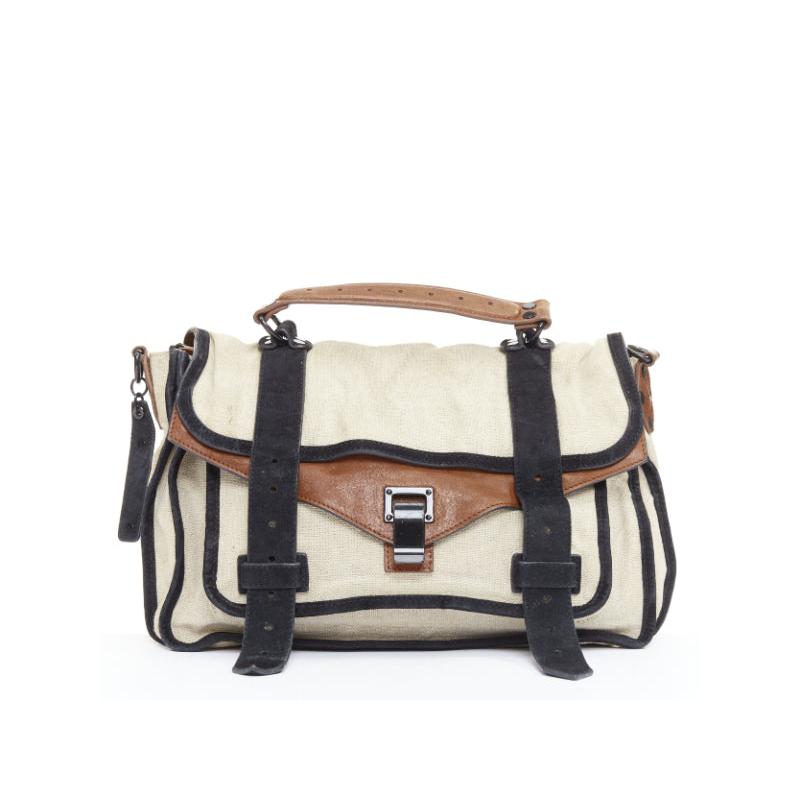 PROENZA SCHOULER PS1 beige canvas brown black leather top handle satchel bag
