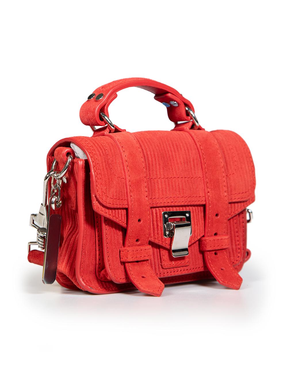 CONDITION is Verygood. Minimal wear to bag is evident. Minor scratches to the clasp hardware on this used Proenza Schouler designer resale item.
 
 Details
 Red
 Suede
 Mini crossbody bag
 Corduroy texture
 Silver tone hardware
 1x Top handle
 1x