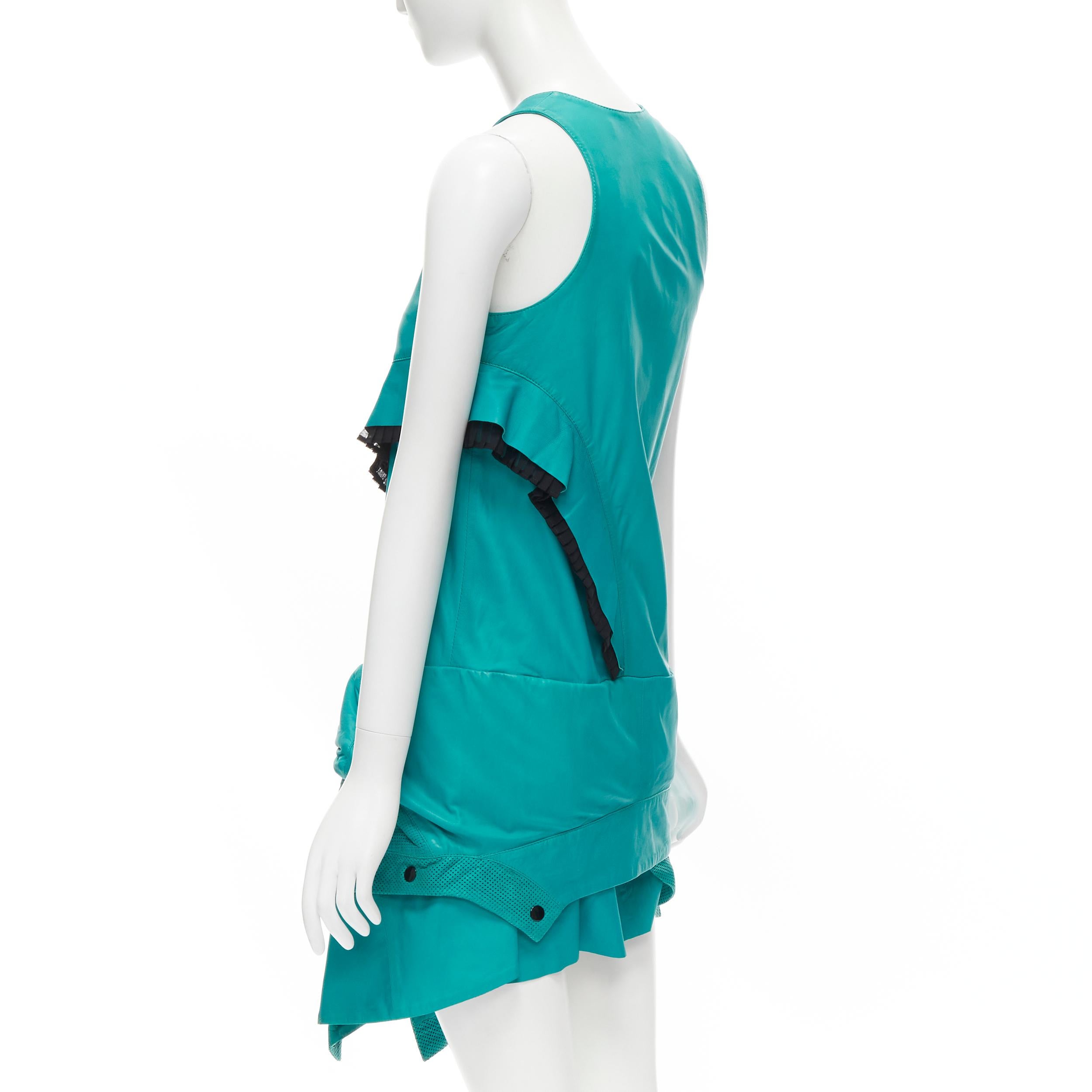 PROENZA SCHOULER runway teal blue leather ruffle trimmed sportif buckle dress  In Good Condition For Sale In Hong Kong, NT