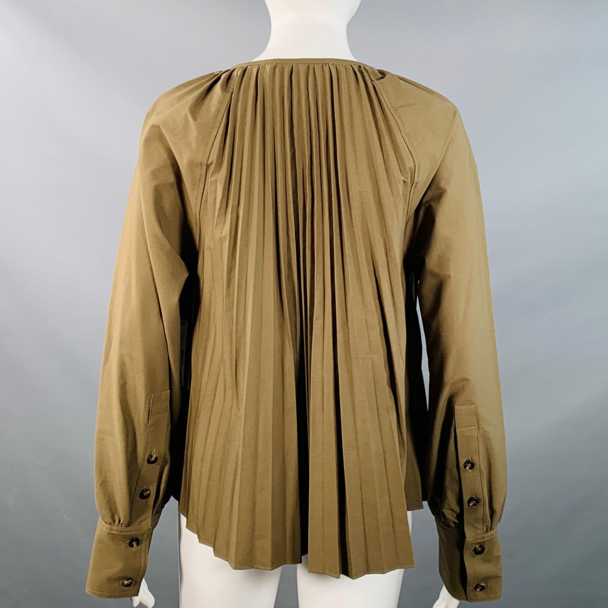 PROENZA SCHOULER Größe 6 Monica Braun Baumwollmischung plissierte Bluse mit V-Ausschnitt im Zustand „Hervorragend“ im Angebot in San Francisco, CA