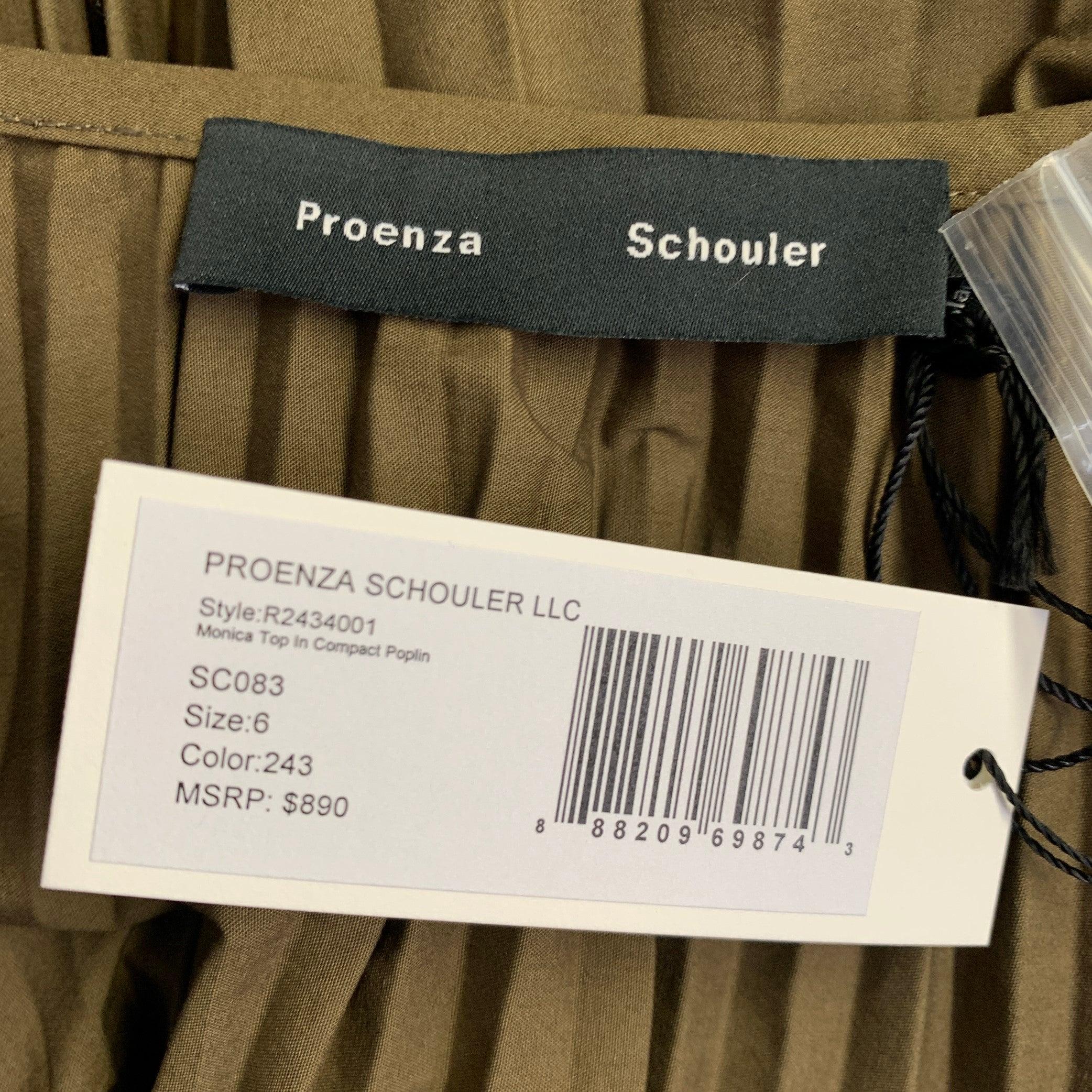 PROENZA SCHOULER Größe 6 Monica Braun Baumwollmischung plissierte Bluse mit V-Ausschnitt Damen im Angebot