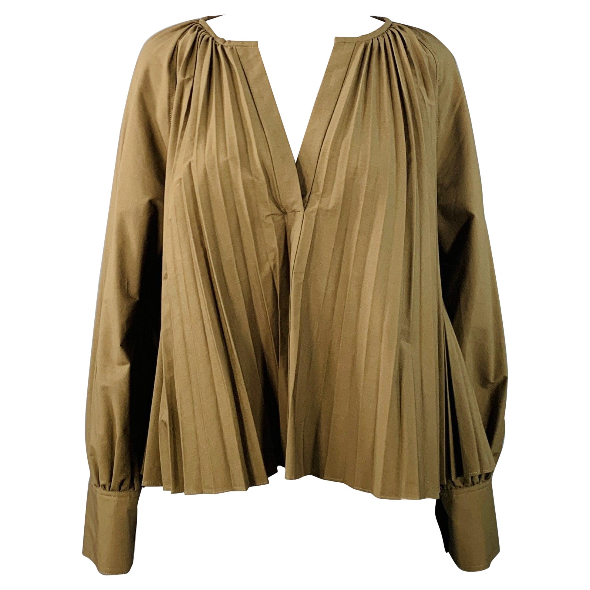 PROENZA SCHOULER Größe 6 Monica Braun Baumwollmischung plissierte Bluse mit V-Ausschnitt im Angebot