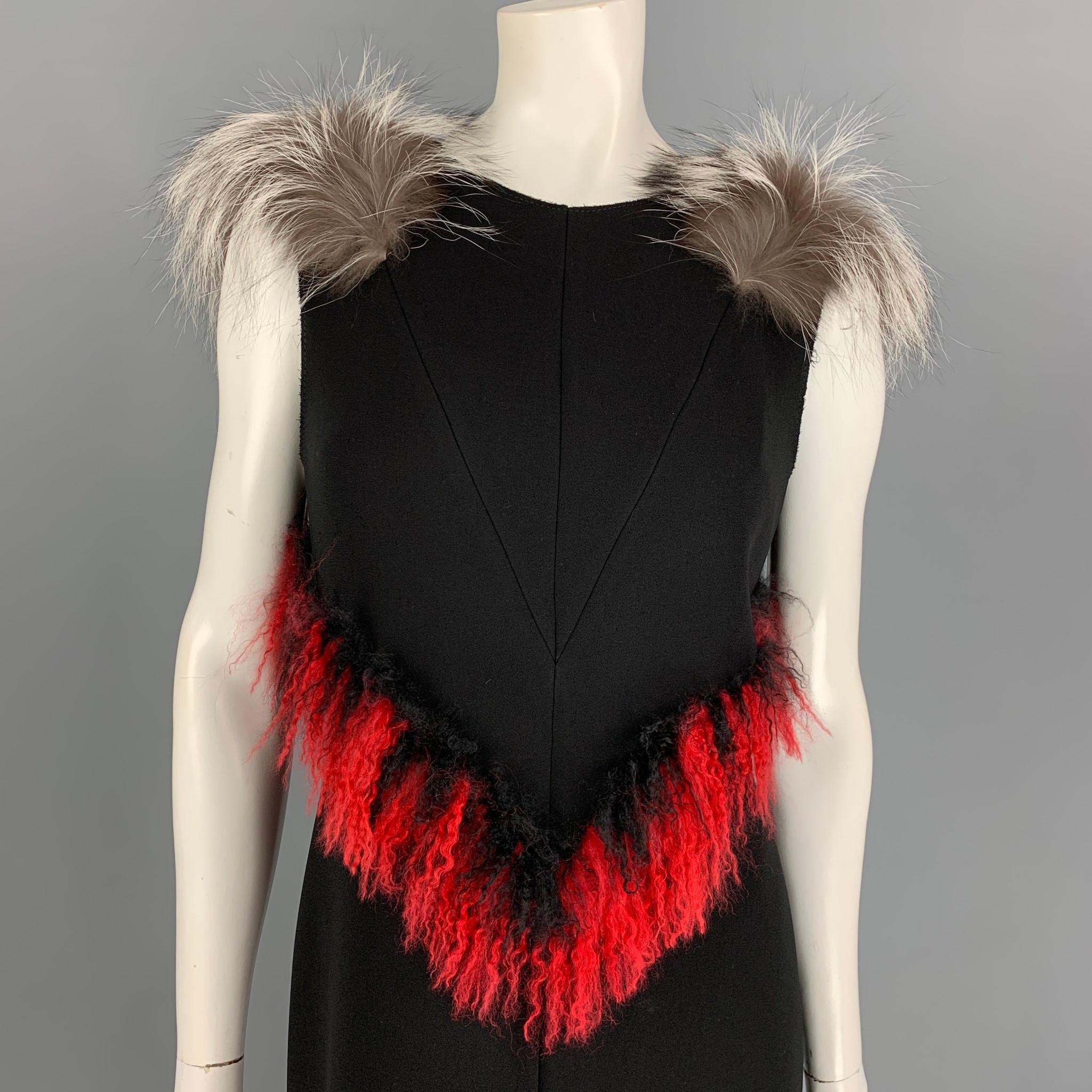 PROENZA SCHOULER cocktail dress comes in a black polyester with a slip liner featuring a sheath style, red lamb fur trim, fox trim, sleeveless, side slits, and a back zip up closure. Made in USA. As seen on Kylie Jenner.

Excellent Pre-Owned